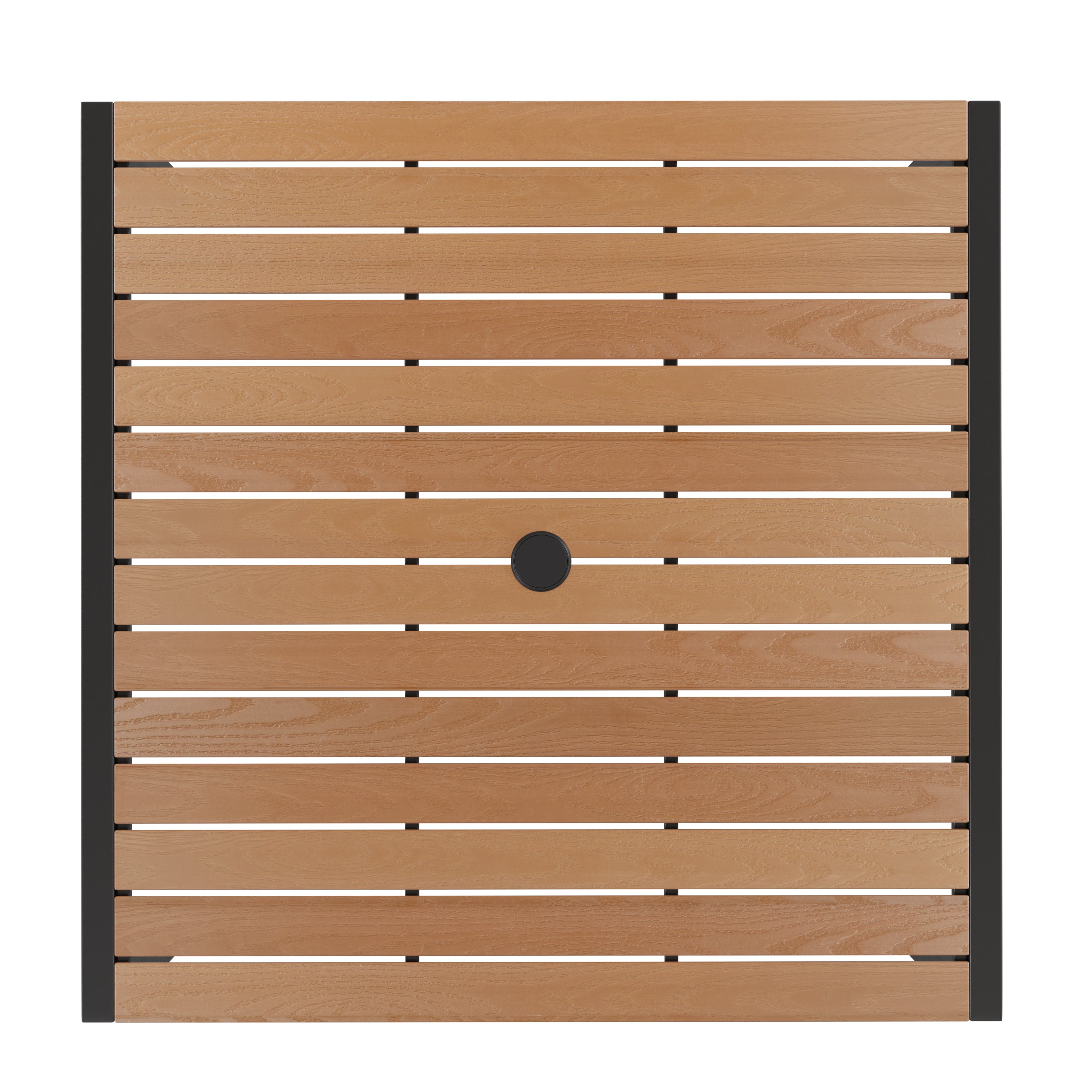 Lark Outdoor Dining Table with Synthetic Teak Poly Slats - 35" Square Steel Framed Restaurant Table with Umbrella Holder Hole