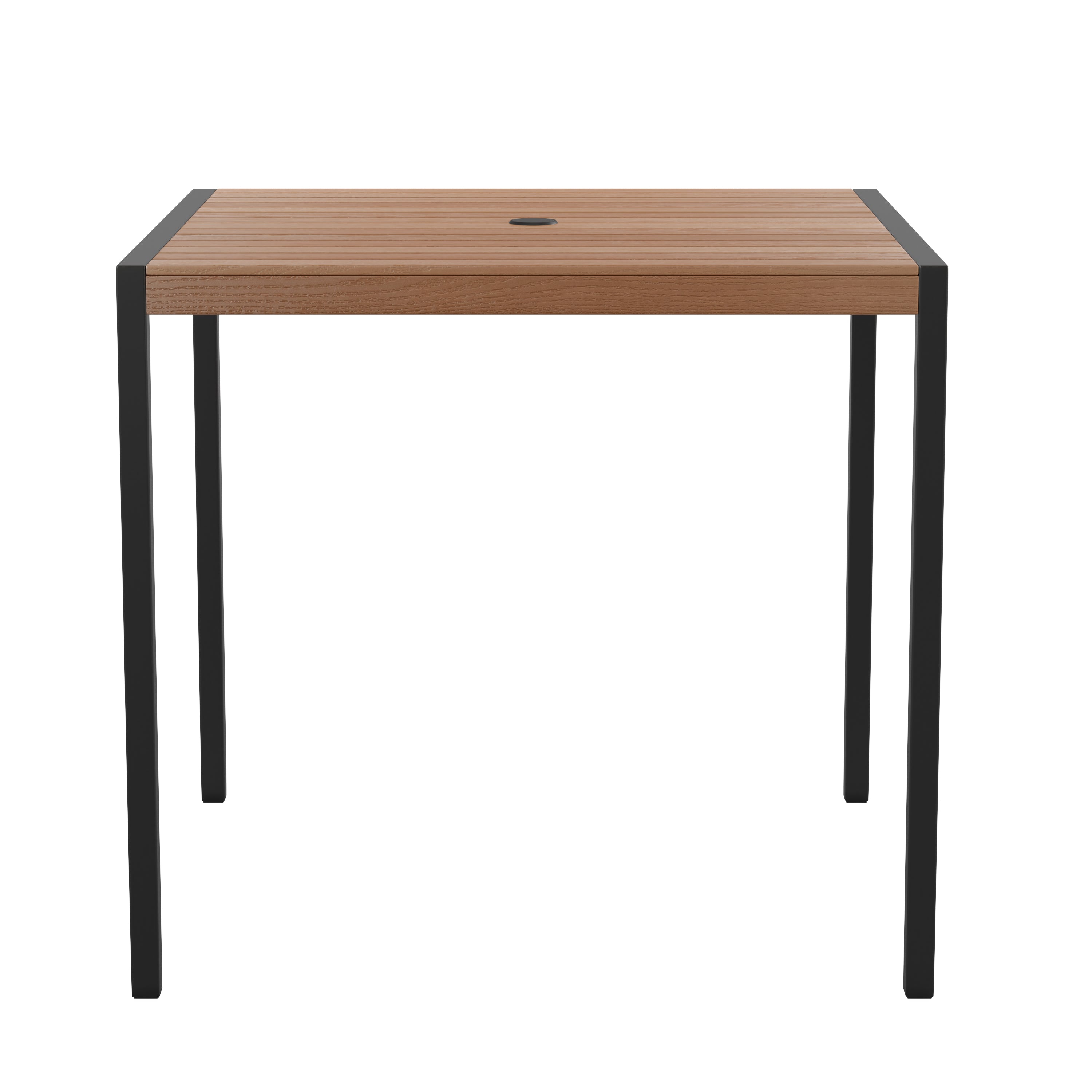 Lark Outdoor Dining Table with Synthetic Teak Poly Slats - 35" Square Steel Framed Restaurant Table with Umbrella Holder Hole
