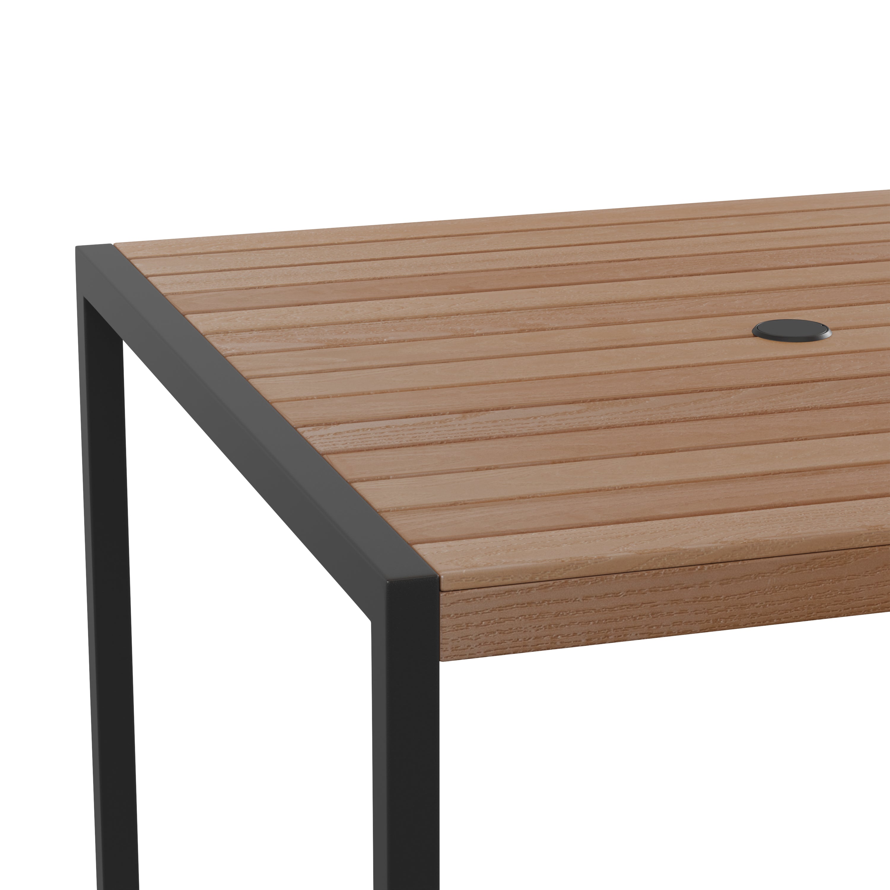 Lark Outdoor Dining Table with Synthetic Teak Poly Slats - 35" Square Steel Framed Restaurant Table with Umbrella Holder Hole