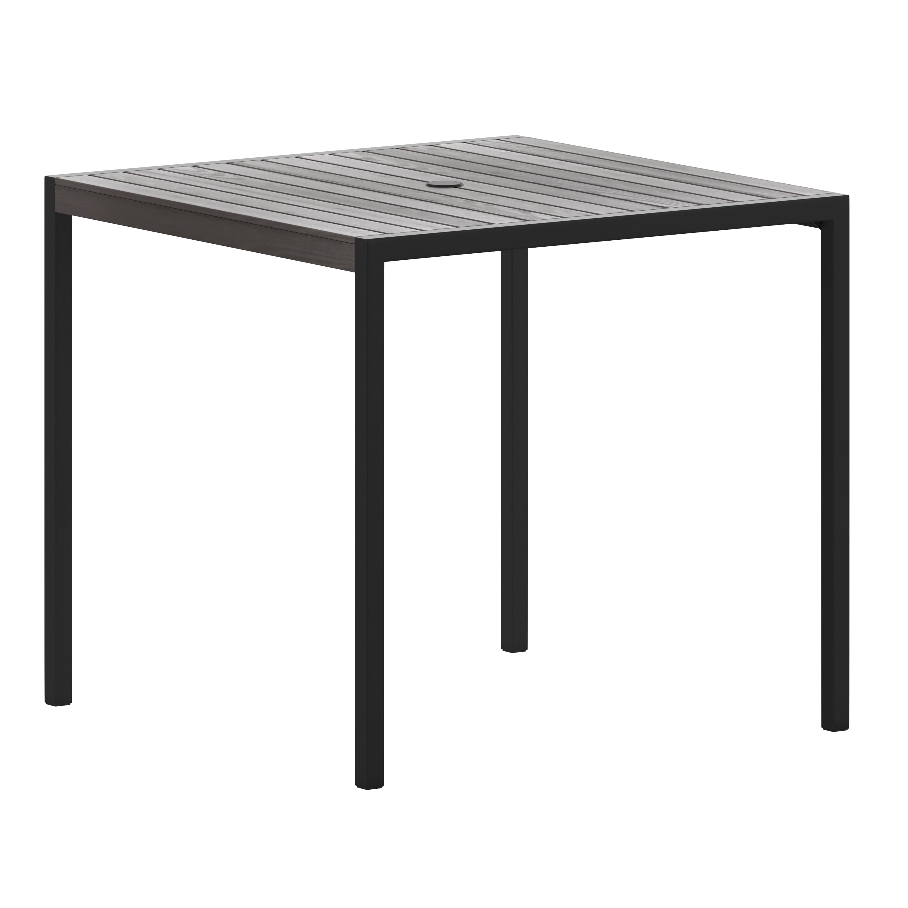 Lark Outdoor Dining Table with Synthetic Gray Wash Teak Poly Slats - 35" Square Steel Framed Restaurant Table with Umbrella Hole