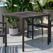 Lark Outdoor Dining Table with Synthetic Gray Wash Teak Poly Slats - 35" Square Steel Framed Restaurant Table with Umbrella Hole