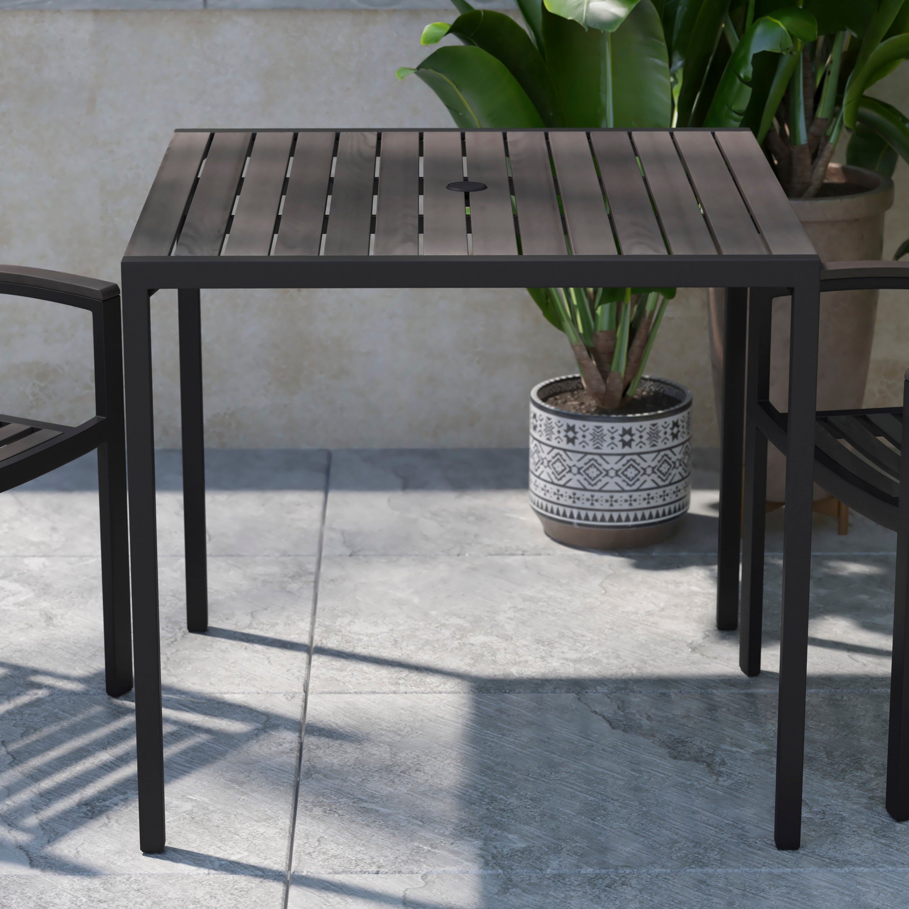 Lark Outdoor Dining Table with Synthetic Gray Wash Teak Poly Slats - 35" Square Steel Framed Restaurant Table with Umbrella Hole