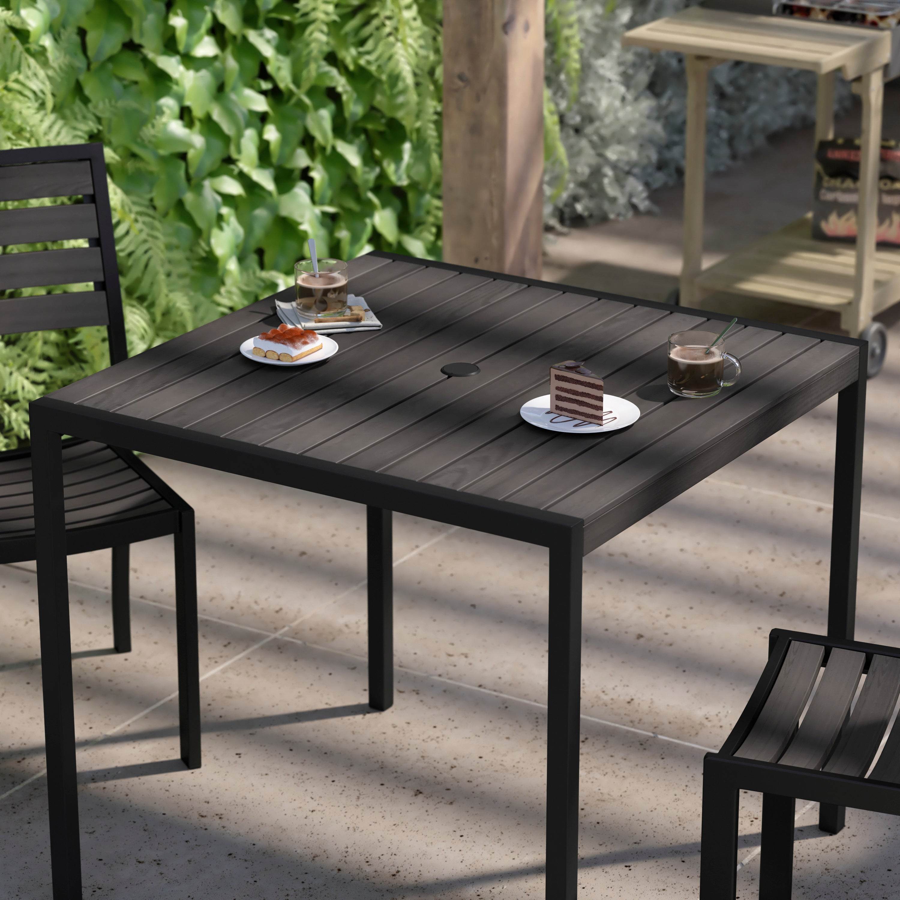Lark Outdoor Dining Table with Synthetic Gray Wash Teak Poly Slats - 35" Square Steel Framed Restaurant Table with Umbrella Hole