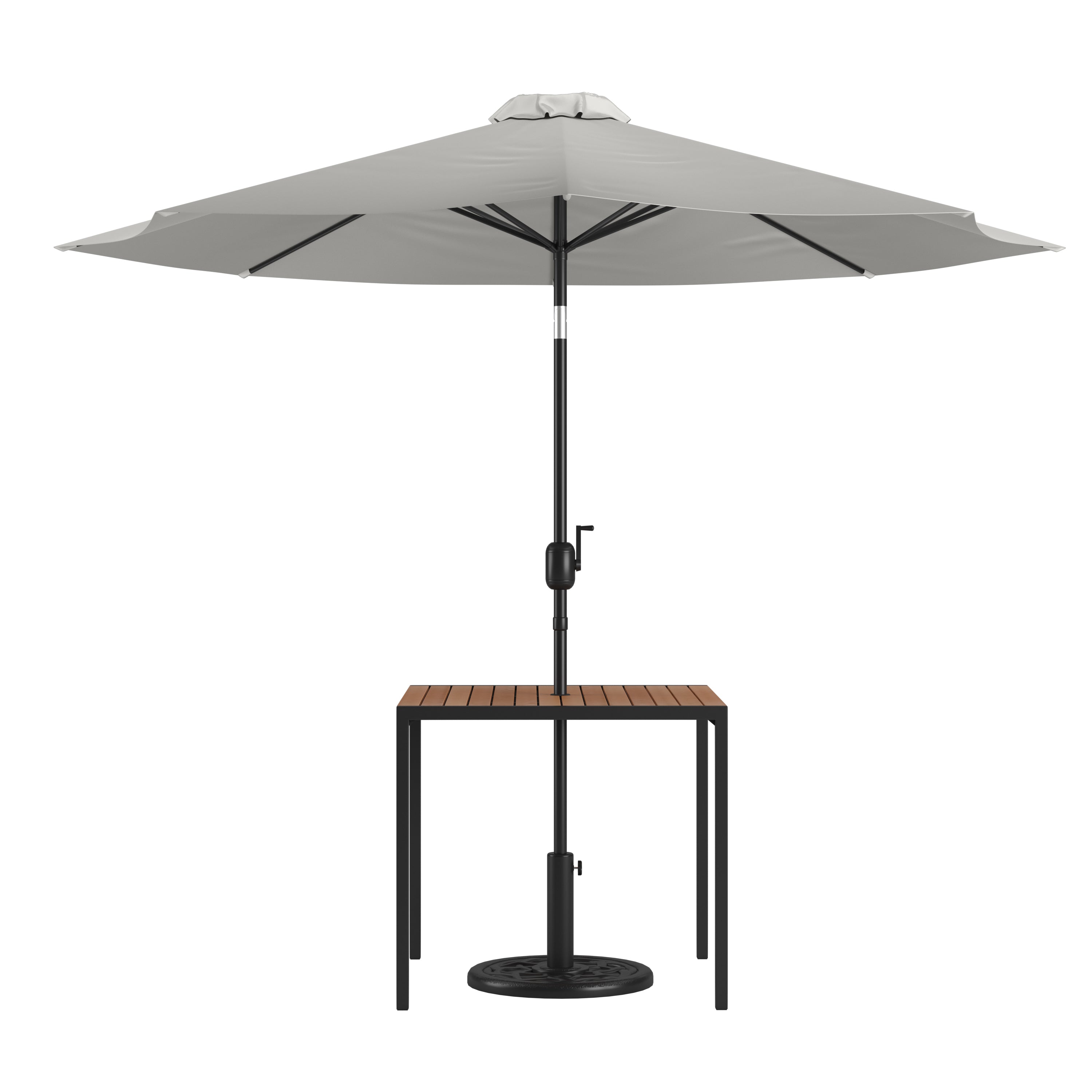 Lark 3 Piece Outdoor Patio Table Set - 35" Square Synthetic Teak Patio Table with Gray Umbrella and Base