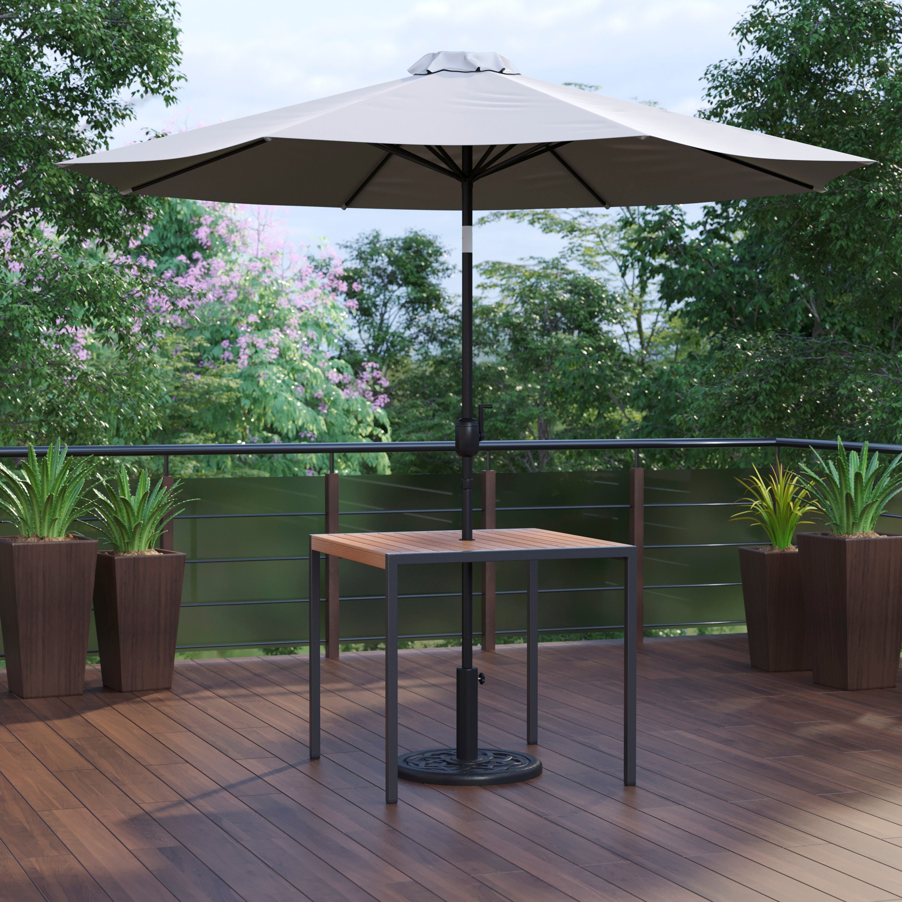 Lark 3 Piece Outdoor Patio Table Set - 35" Square Synthetic Teak Patio Table with Gray Umbrella and Base
