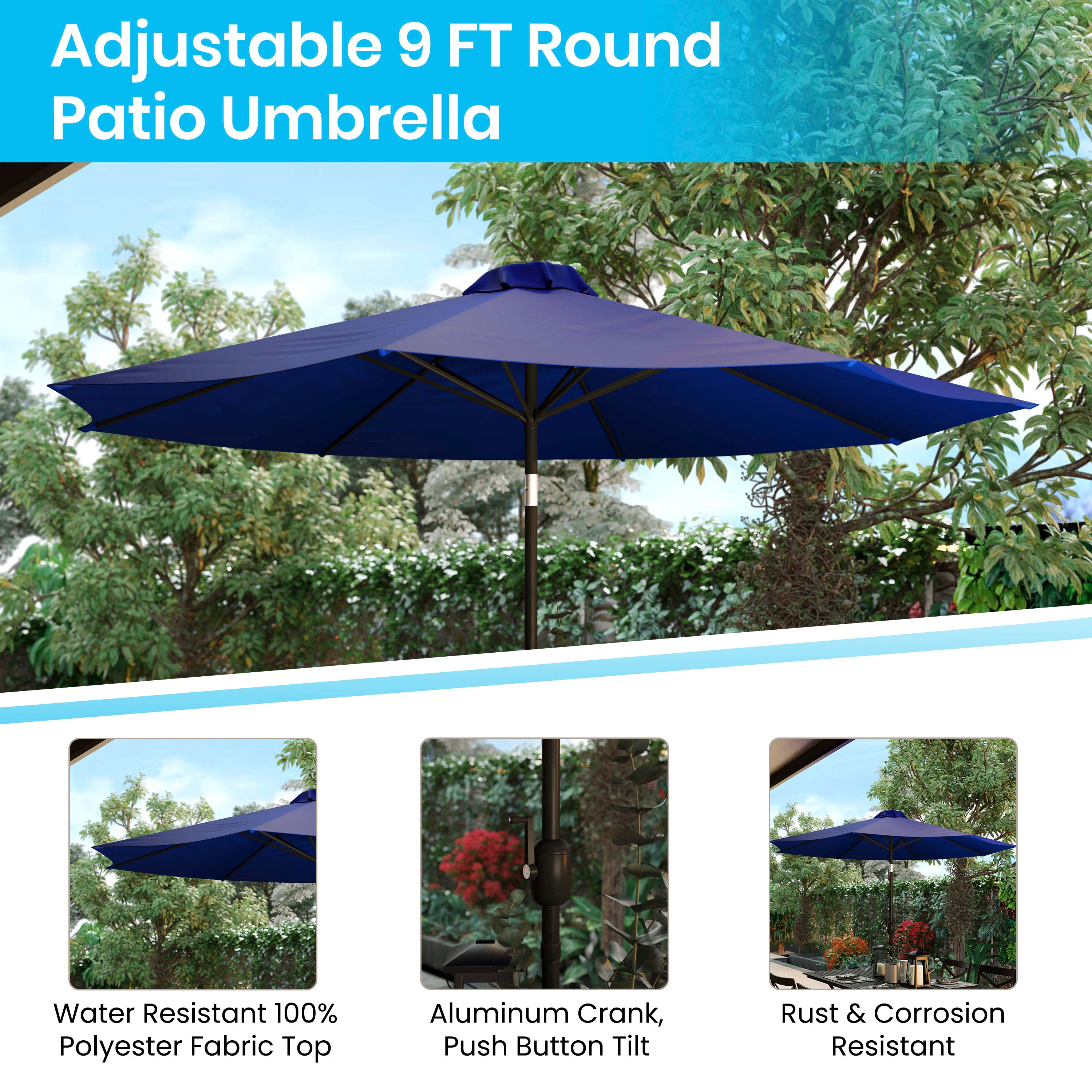 Lark 3 Piece Outdoor Patio Table Set - 35" Square Synthetic Teak Patio Table with Navy Umbrella and Base