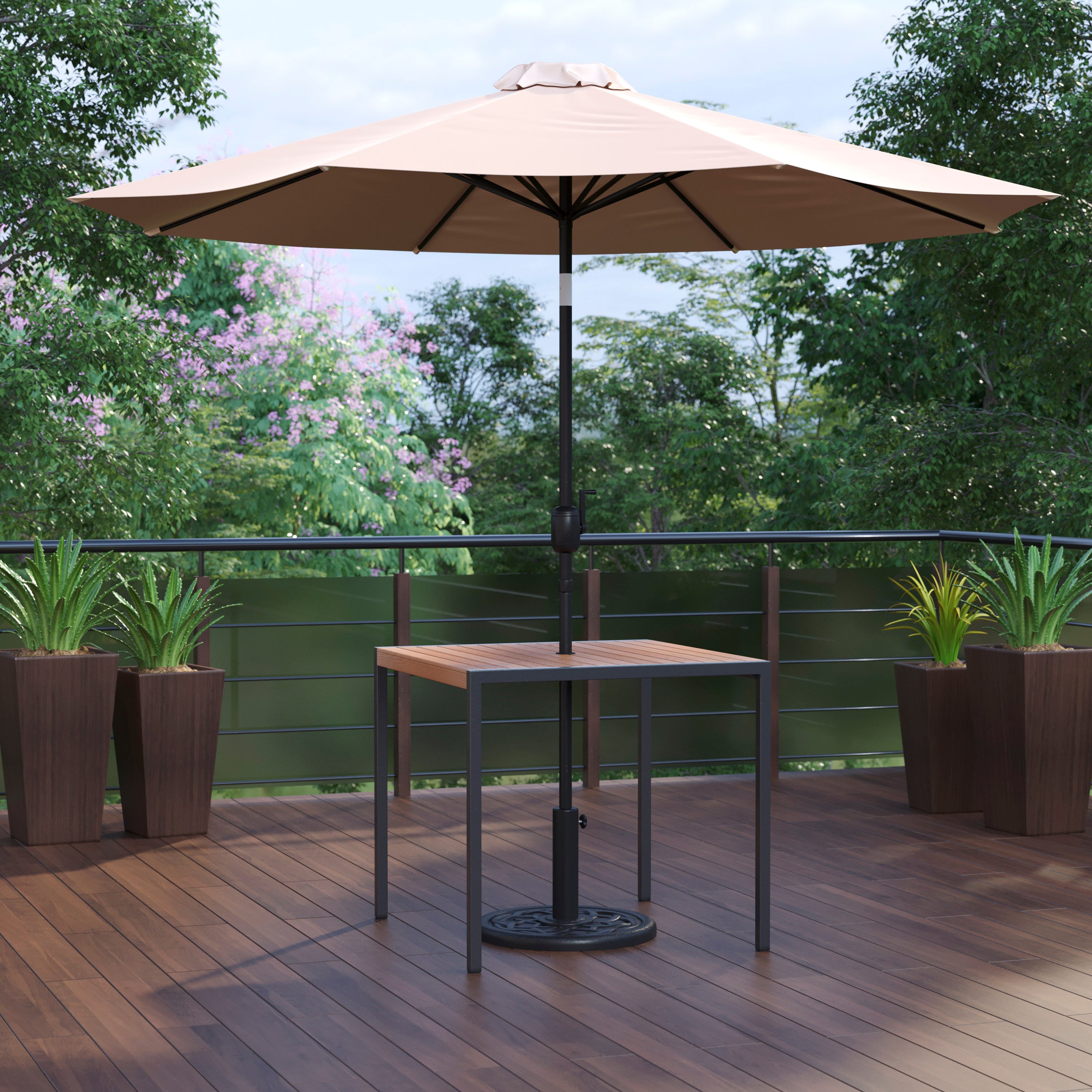 Lark 3 Piece Outdoor Patio Table Set - 35" Square Synthetic Teak Patio Table with Umbrella Hole and Tan Umbrella with Base