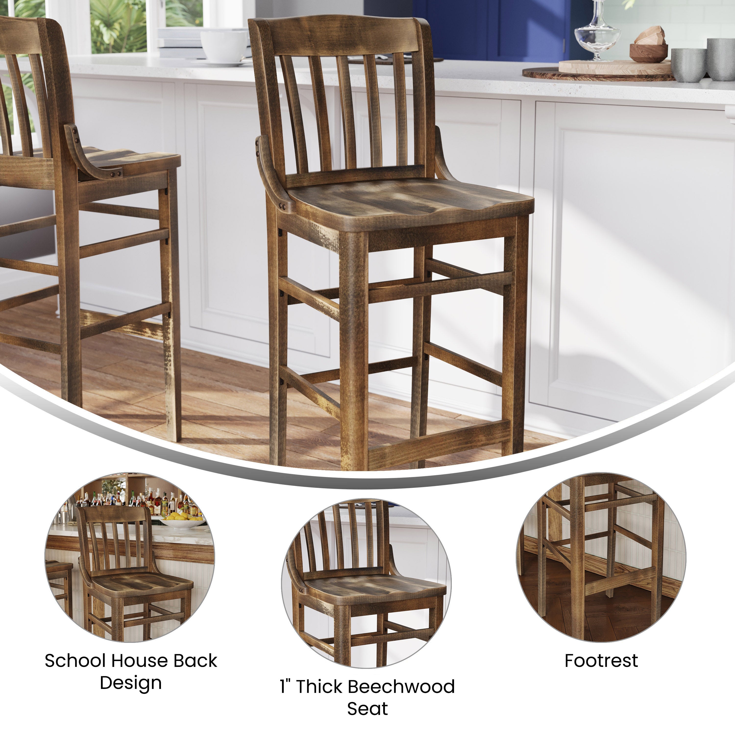 HERCULES School House Back Antique Copper Wood Restaurant Barstool