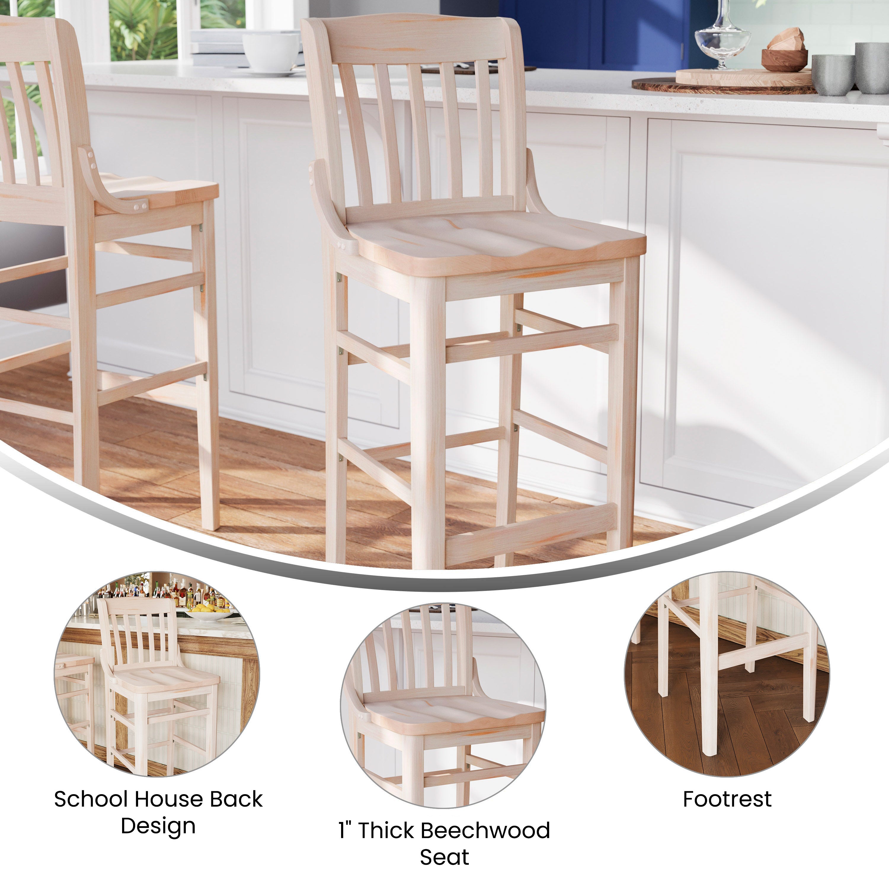 HERCULES School House Back Antique White Wood Restaurant Barstool