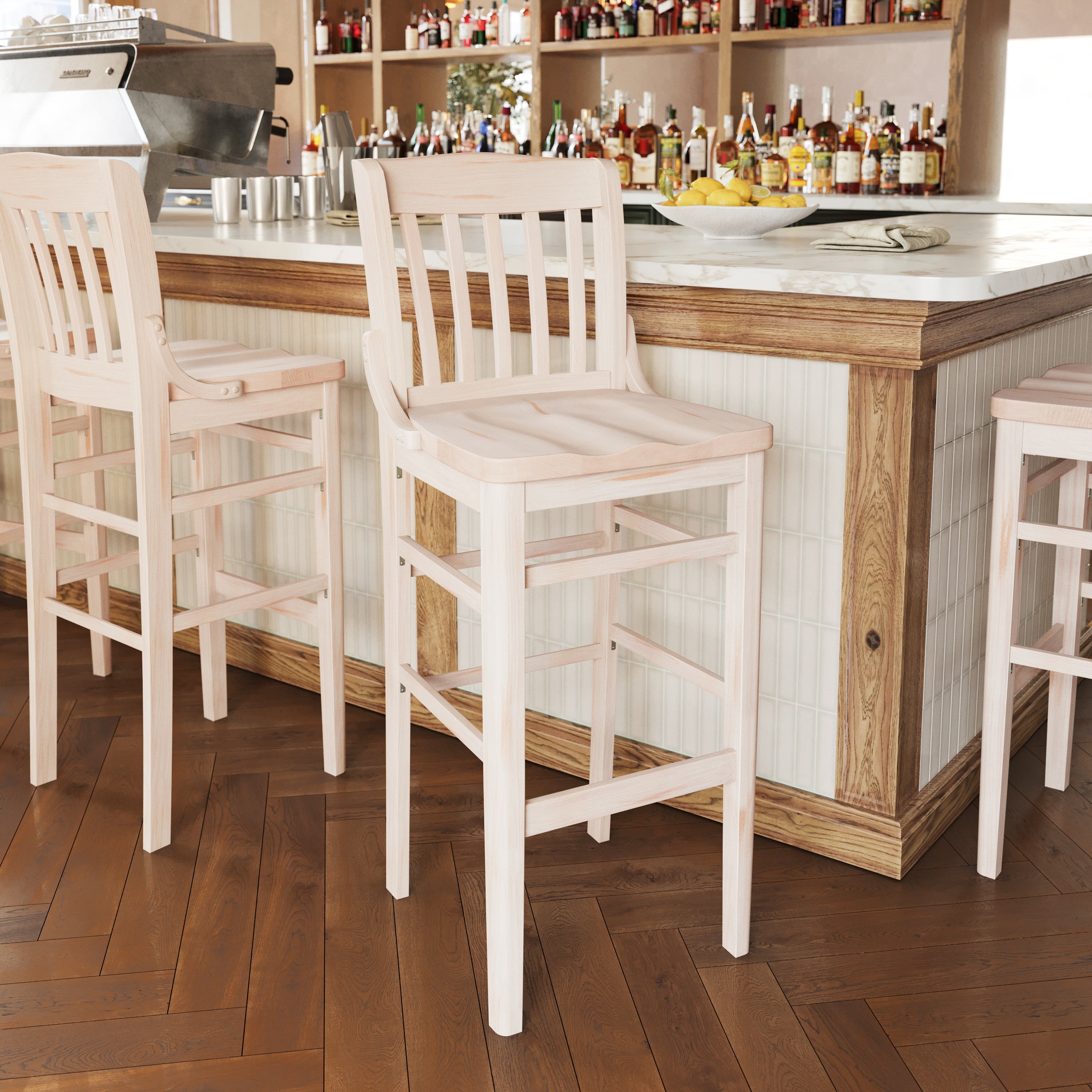 HERCULES School House Back Antique White Wood Restaurant Barstool