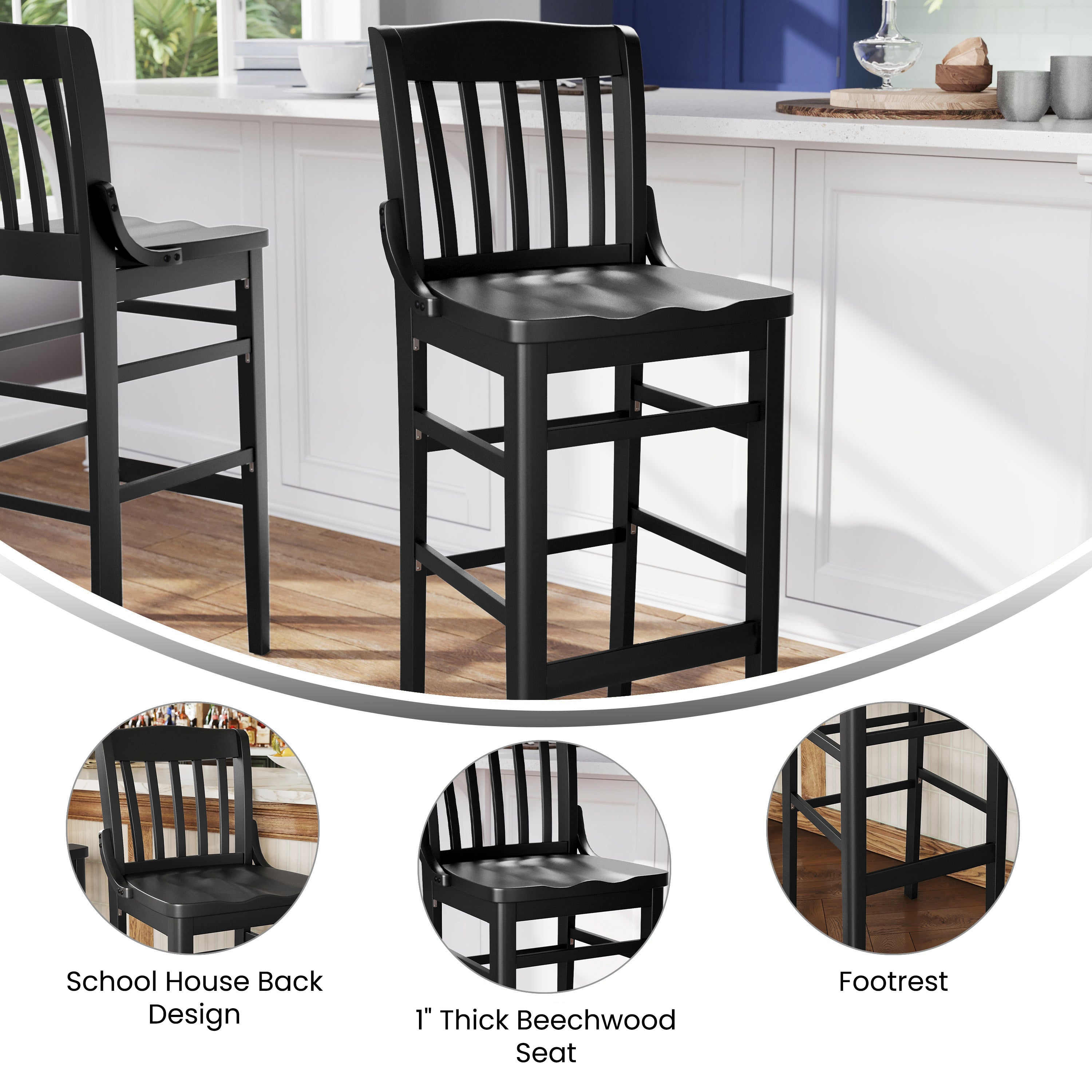 HERCULES School House Back Black Wood Restaurant Barstool