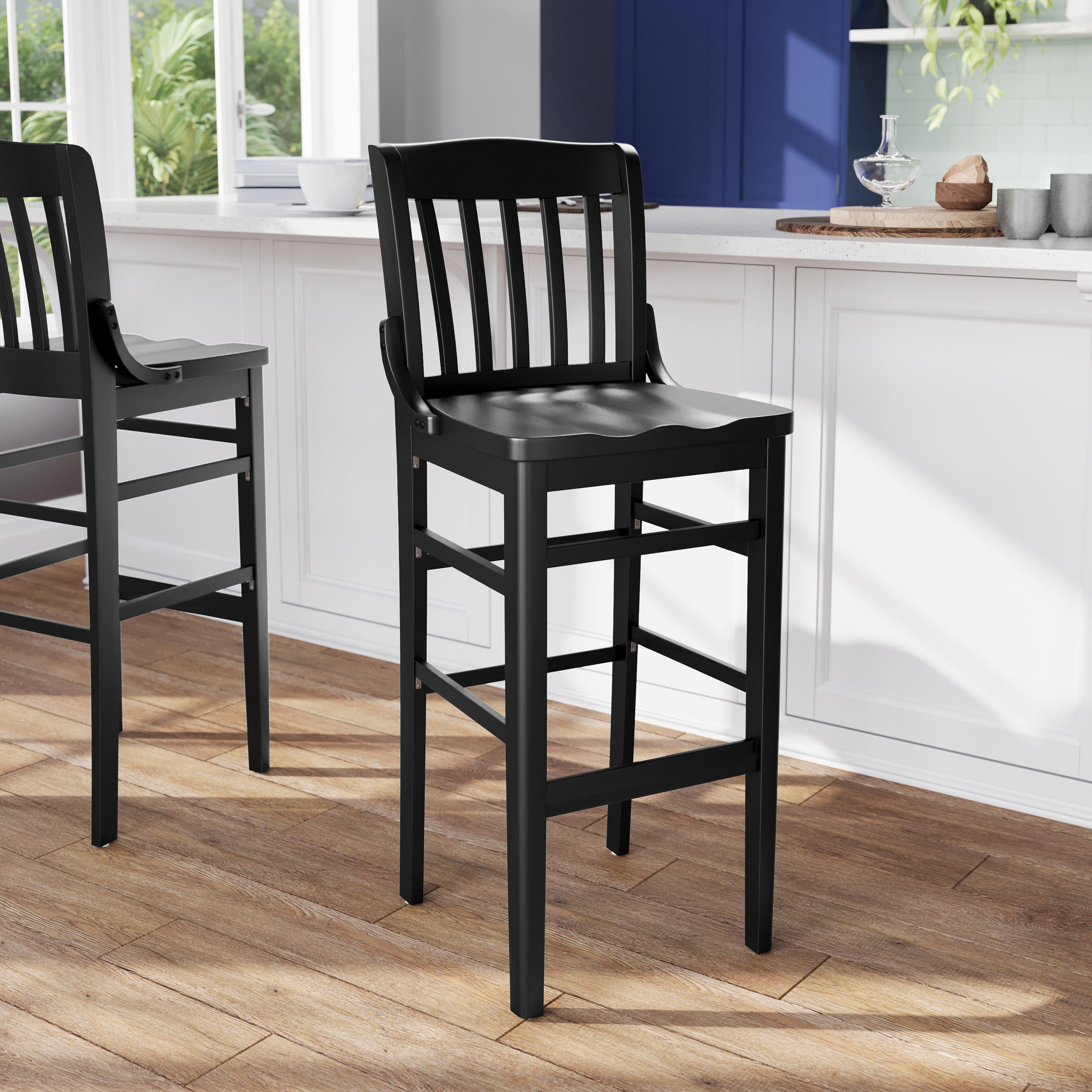 HERCULES School House Back Black Wood Restaurant Barstool