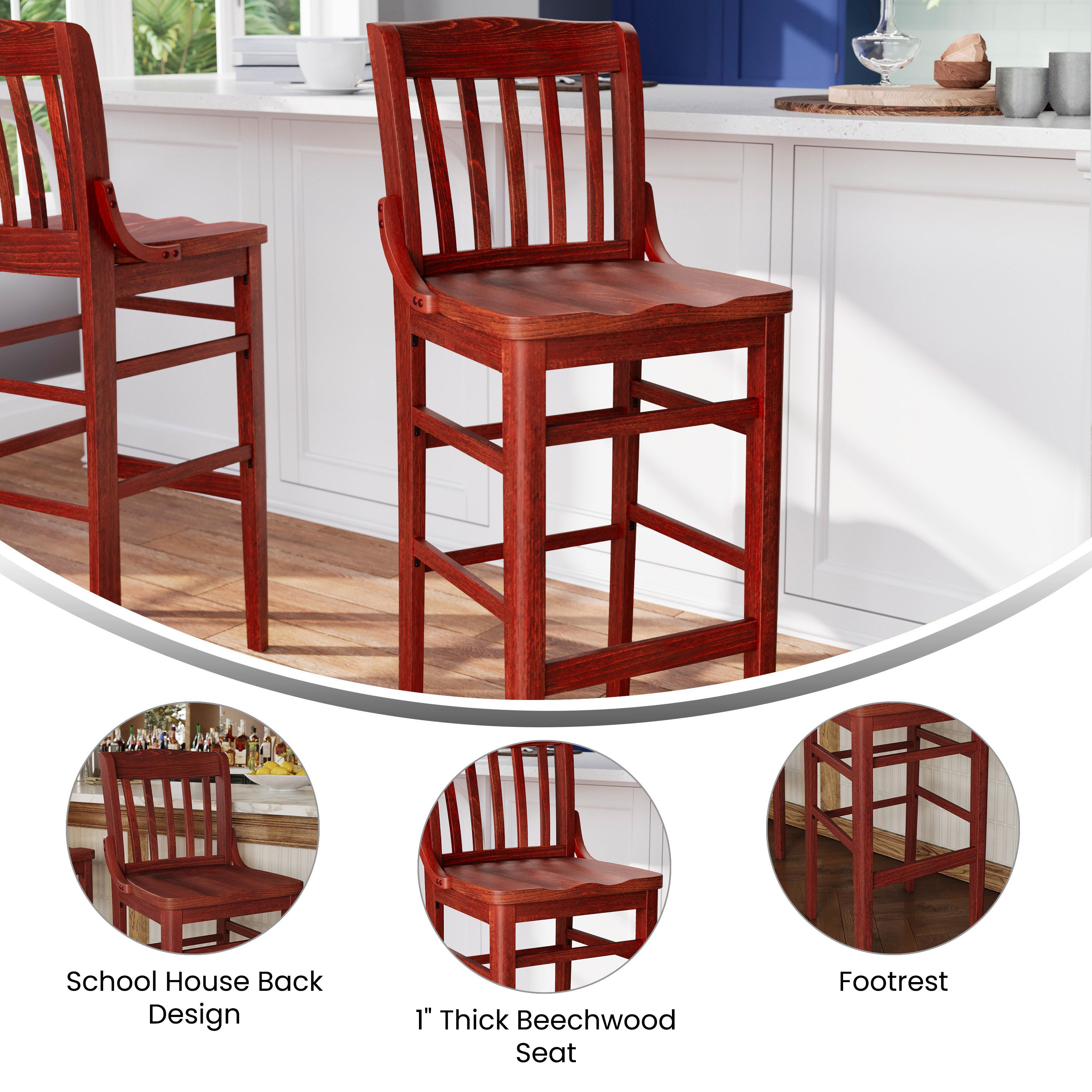 HERCULES Series School House Back Mahogany Wood Restaurant Barstool