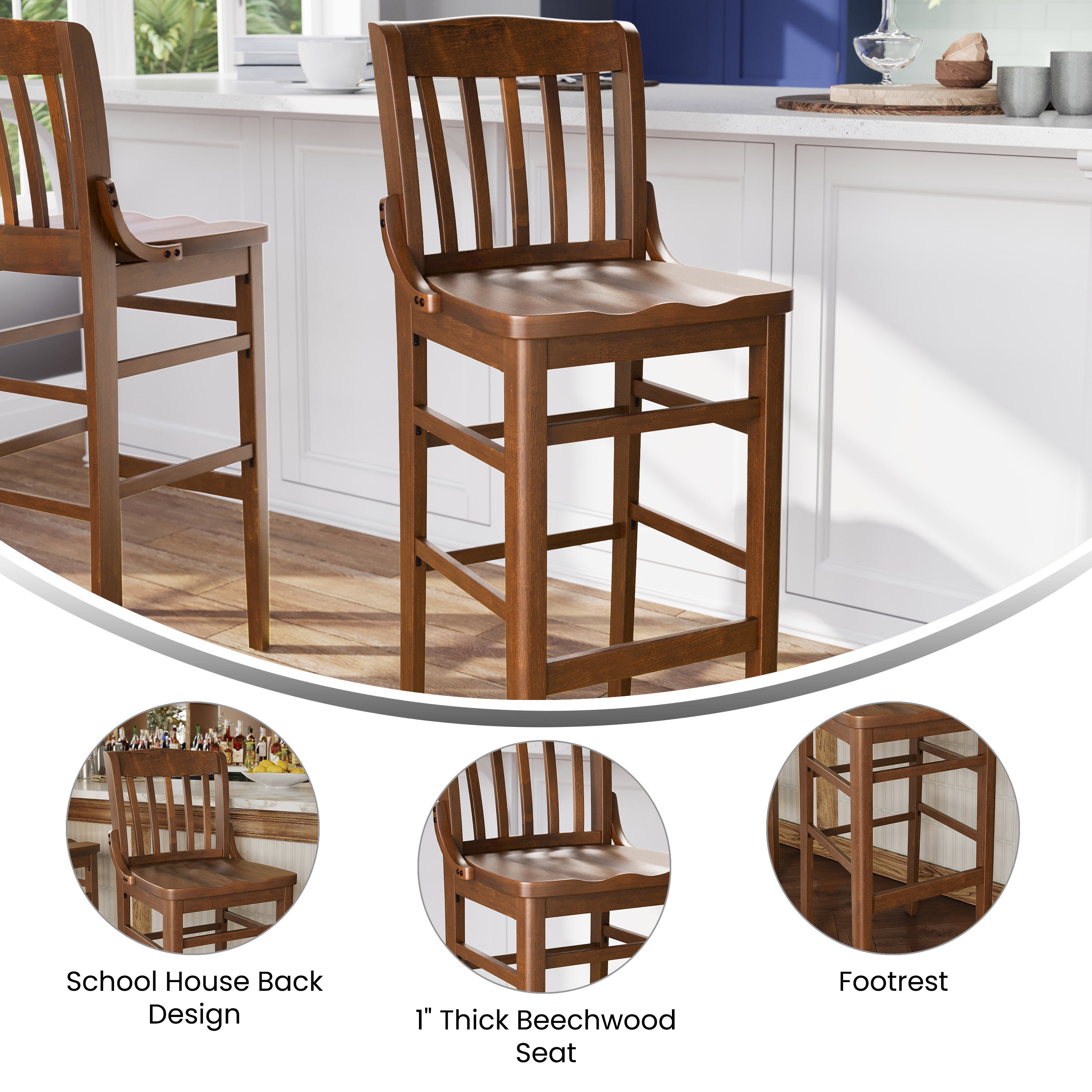 HERCULES Series School House Back Walnut Wood Restaurant Barstool