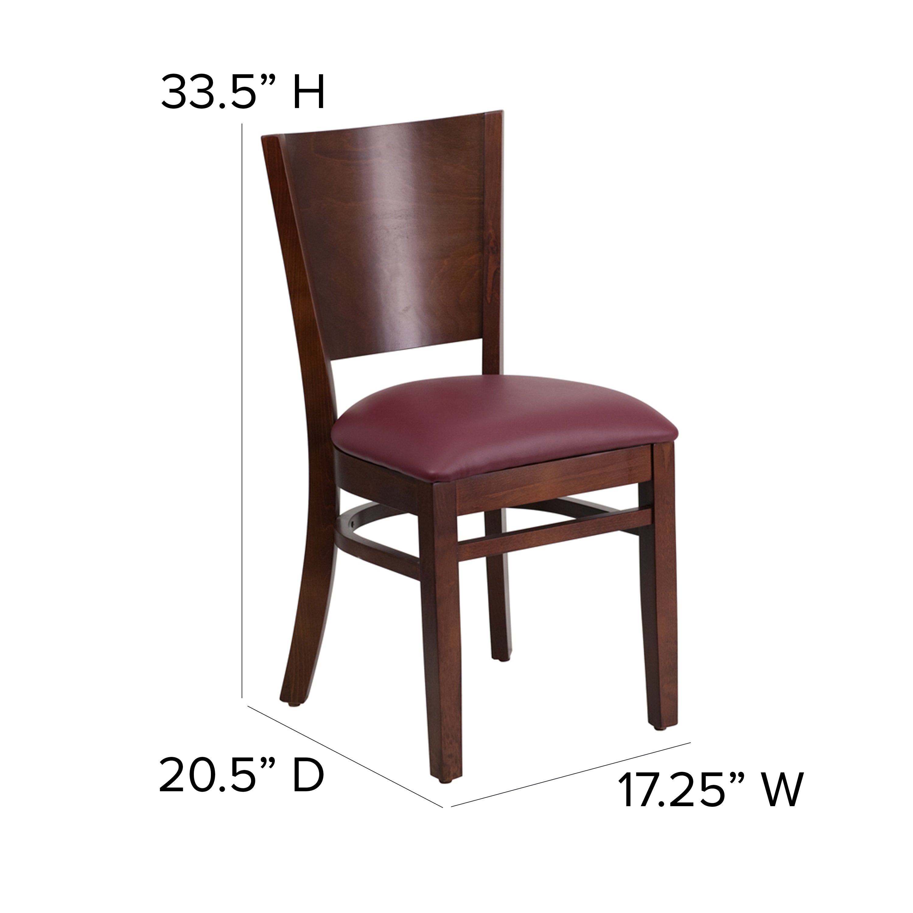 Lacey Series Solid Back Walnut Wood Restaurant Chair - Burgundy Vinyl Seat