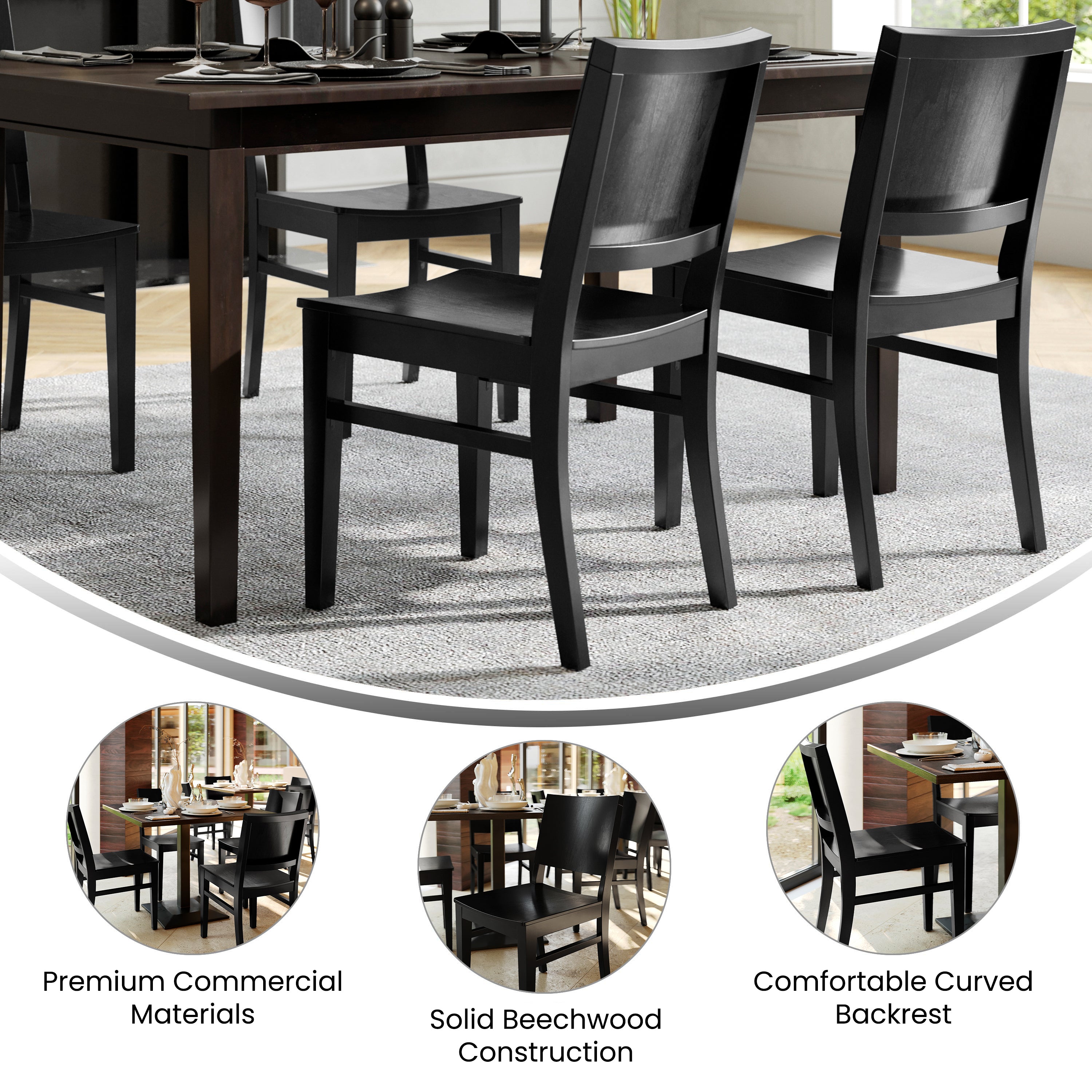 Naples Commercial Grade Solid Wood Dining Chair with Curved Backrest and Black Finish
