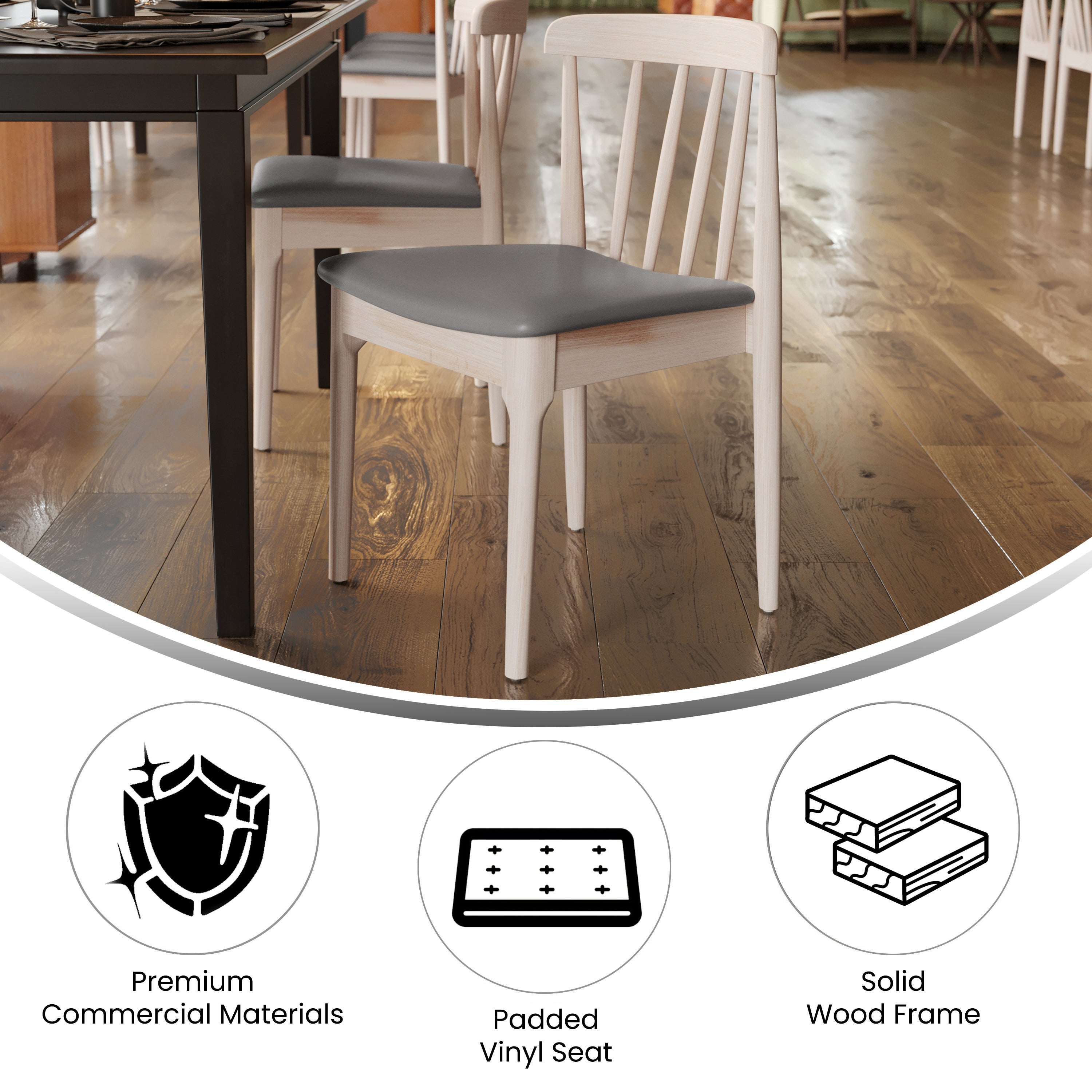 Chester Commercial Grade Solid Wood Antique White Dining Chair with Curved Spindle Backrest and Beige Vinyl Seat