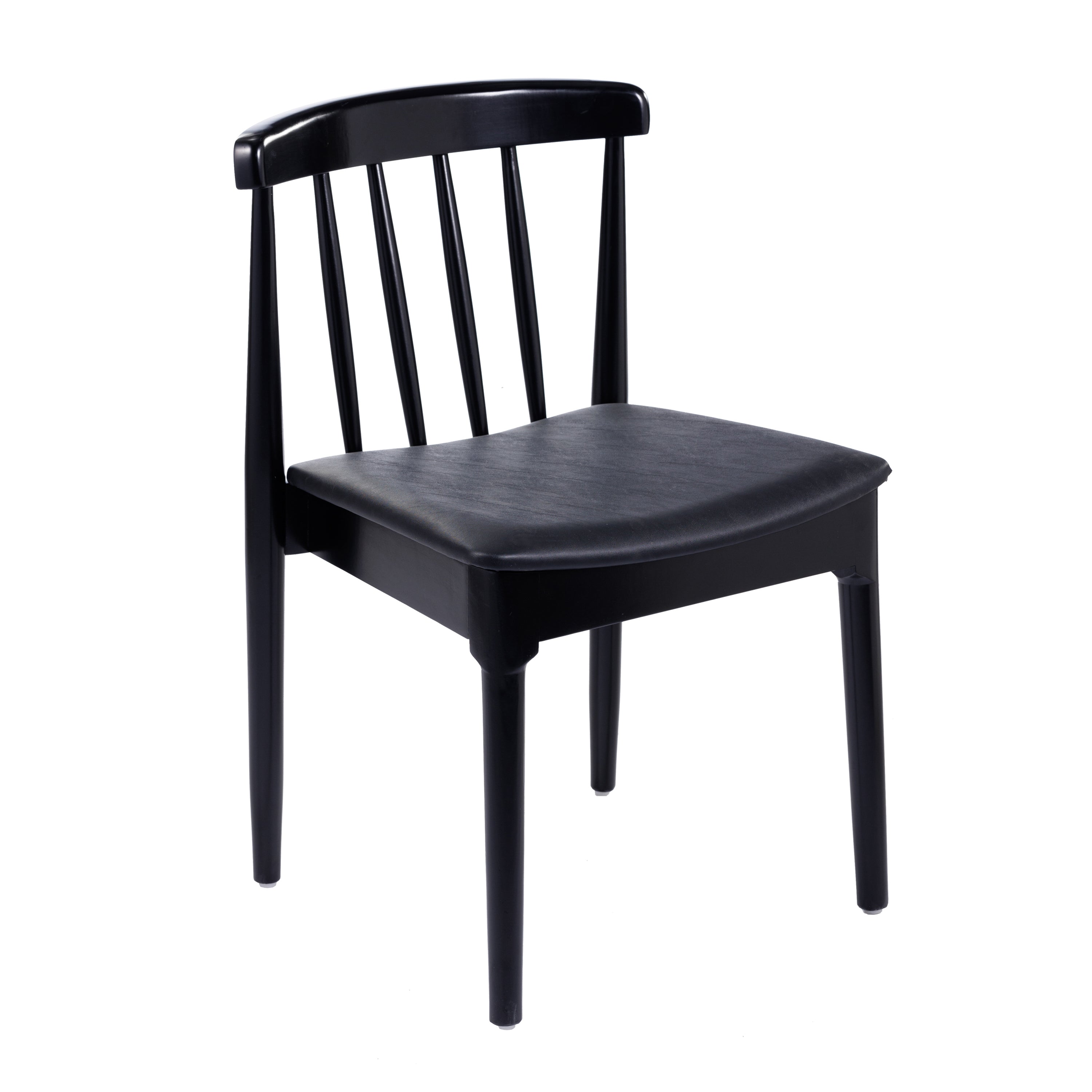 Chester Commercial Grade Solid Wood Black Dining Chair with Curved Spindle Backrest and Black Vinyl Seat