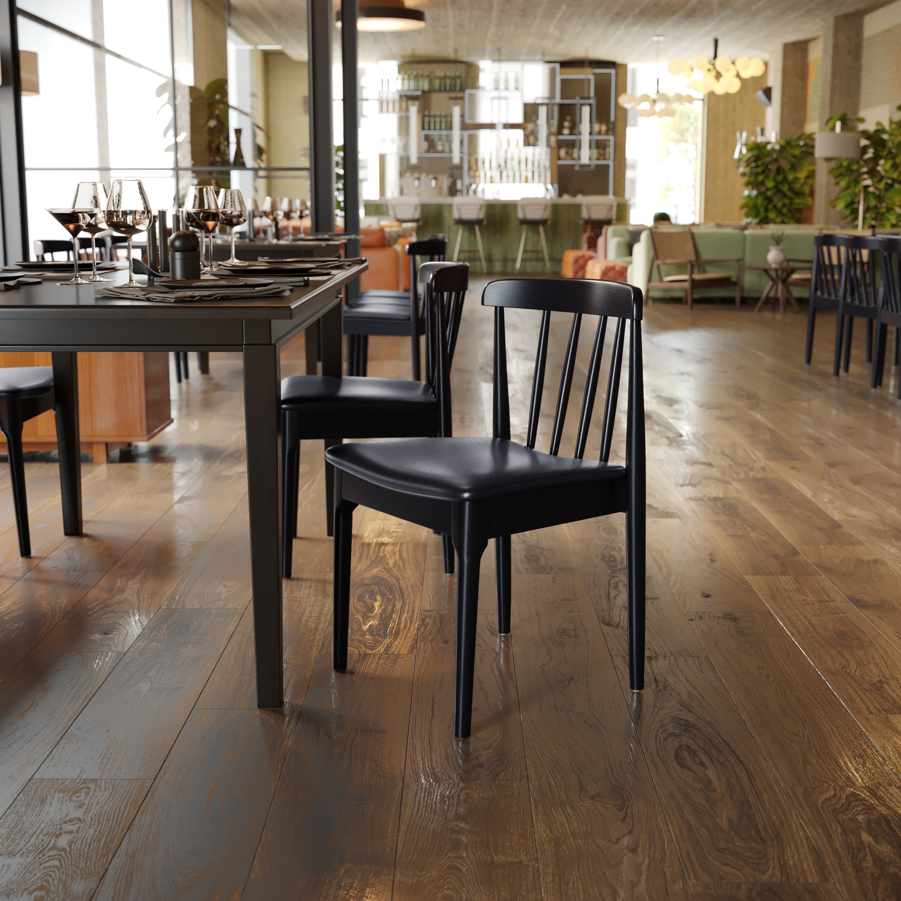 Chester Commercial Grade Solid Wood Black Dining Chair with Curved Spindle Backrest and Black Vinyl Seat