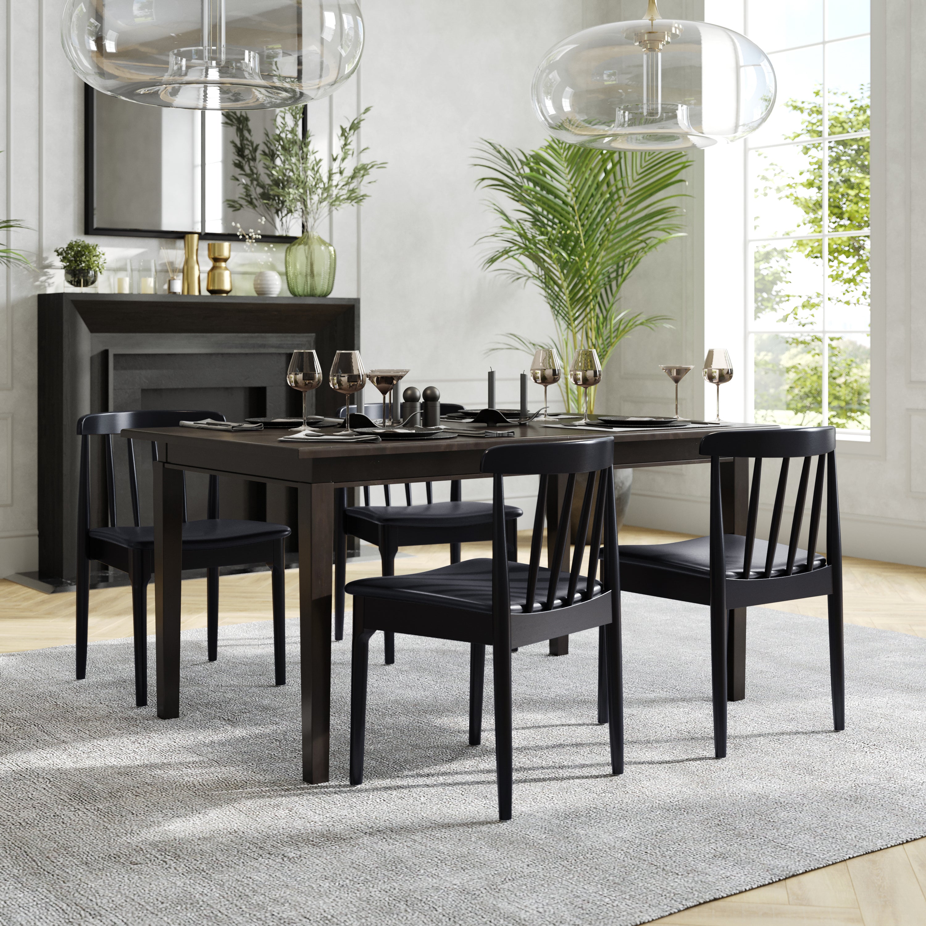 Chester Commercial Grade Solid Wood Black Dining Chair with Curved Spindle Backrest and Black Vinyl Seat