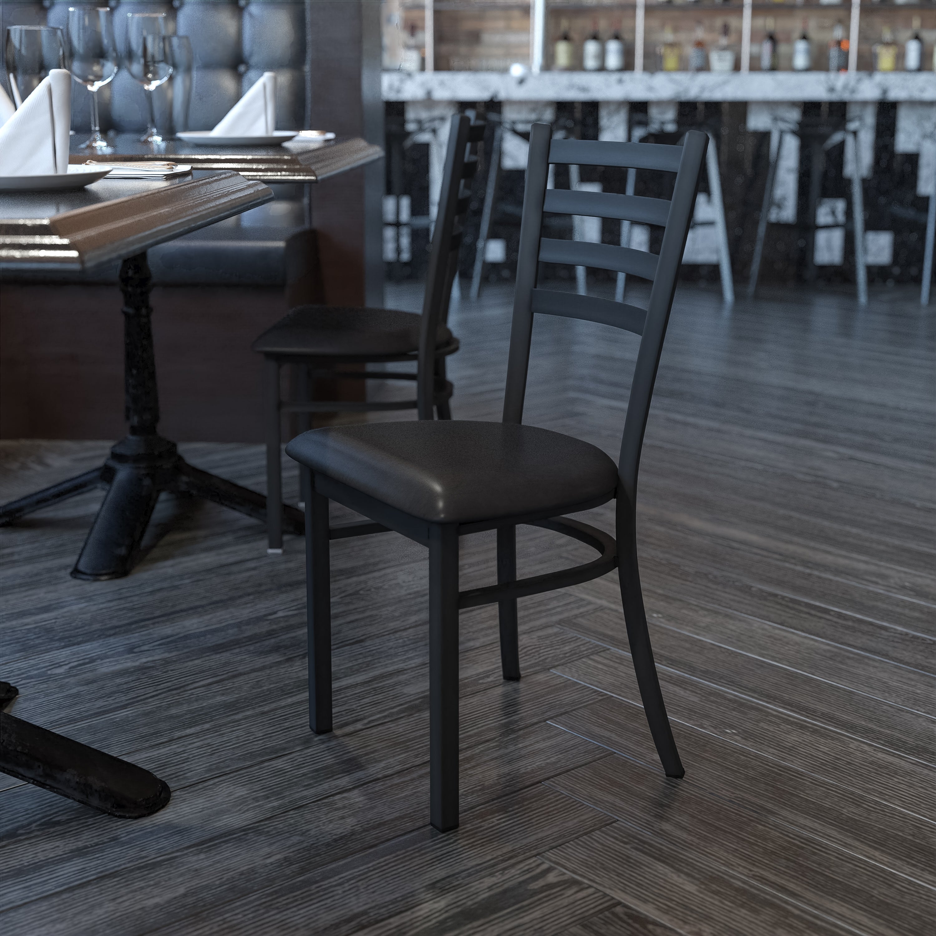 HERCULES Series Black Ladder Back Metal Restaurant Chair - Black Vinyl Seat