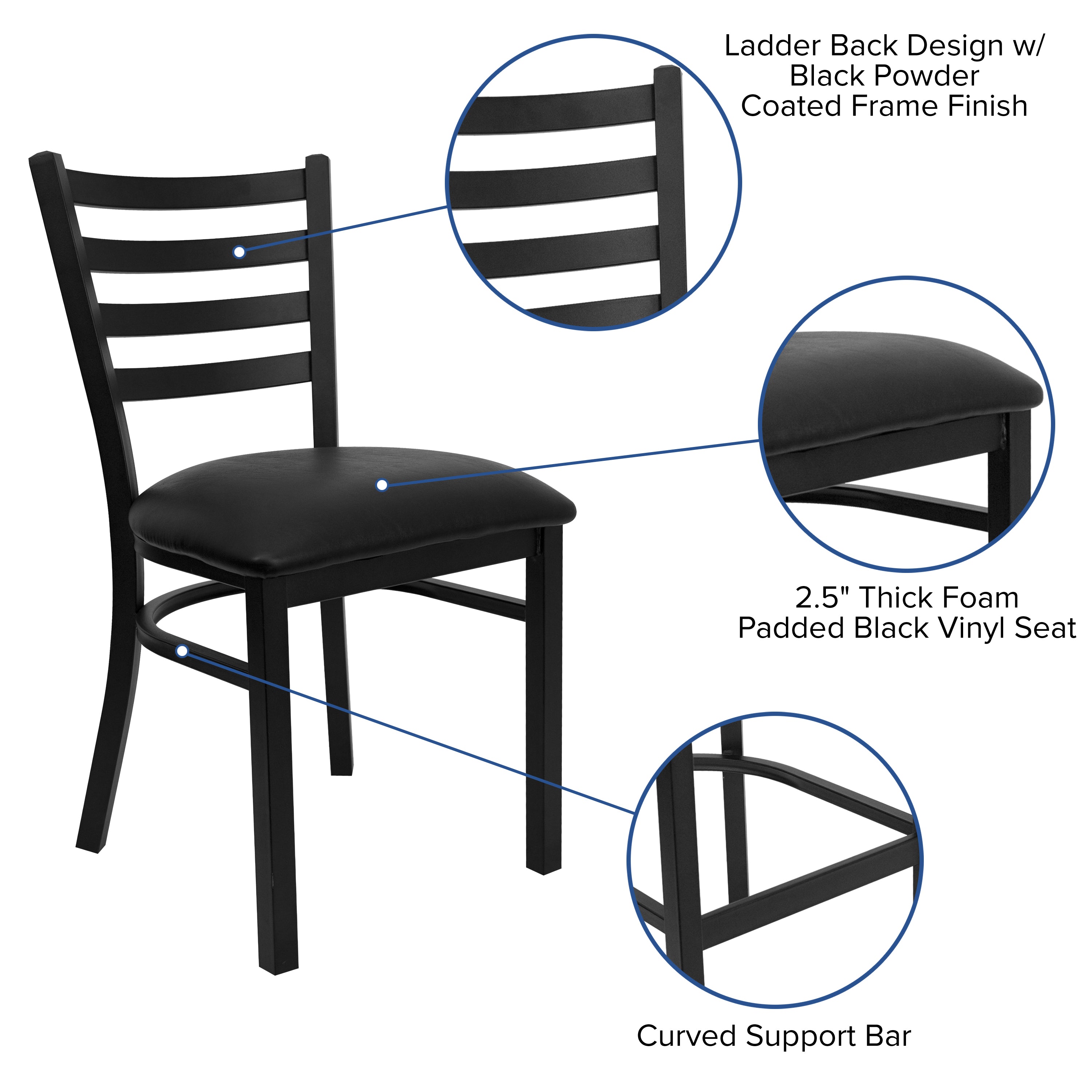 Carlton 36'' Square Black Laminate Table Set with X-Base and 4 Ladder Back Metal Chairs - Black Vinyl Seat