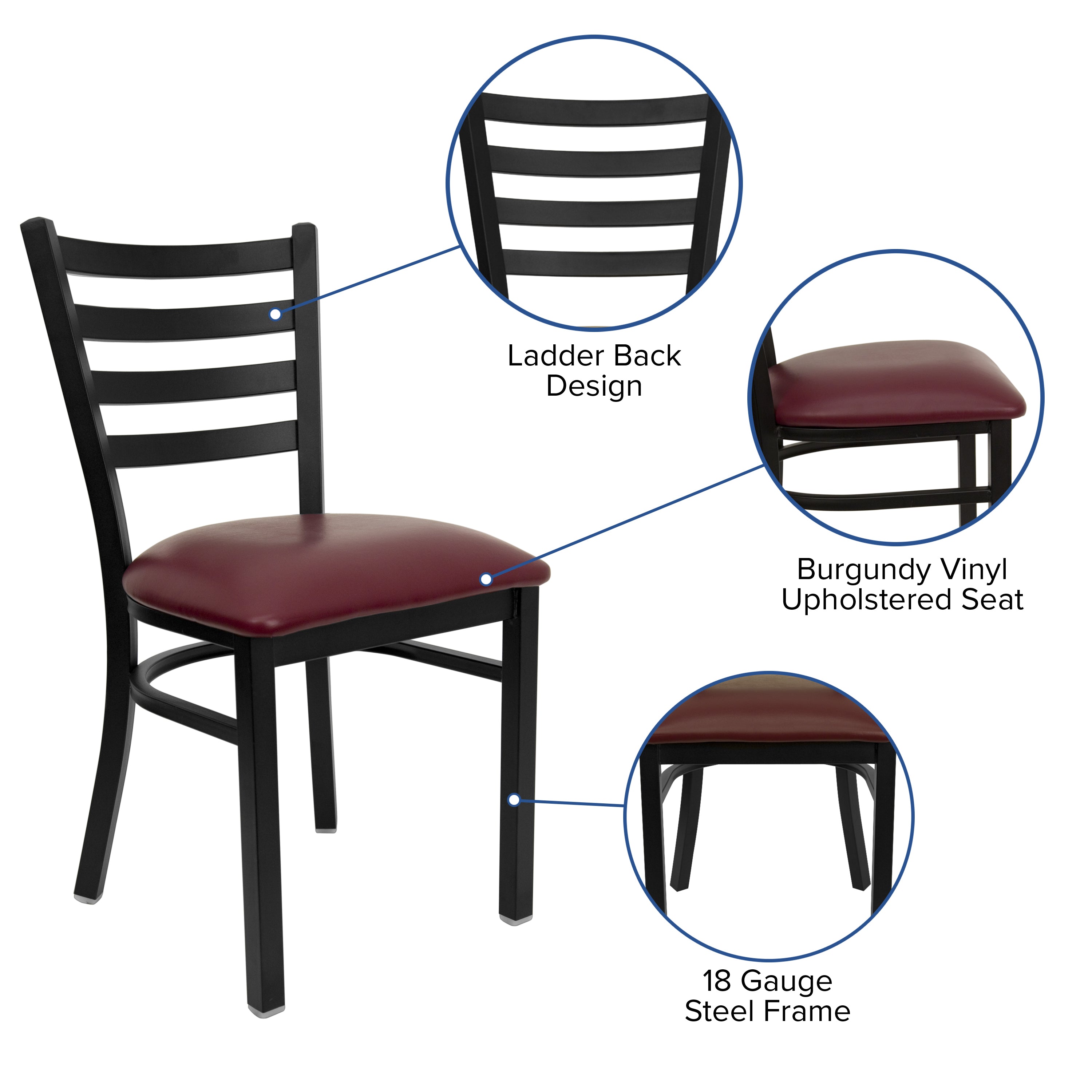 HERCULES Series Black Ladder Back Metal Restaurant Chair - Burgundy Vinyl Seat