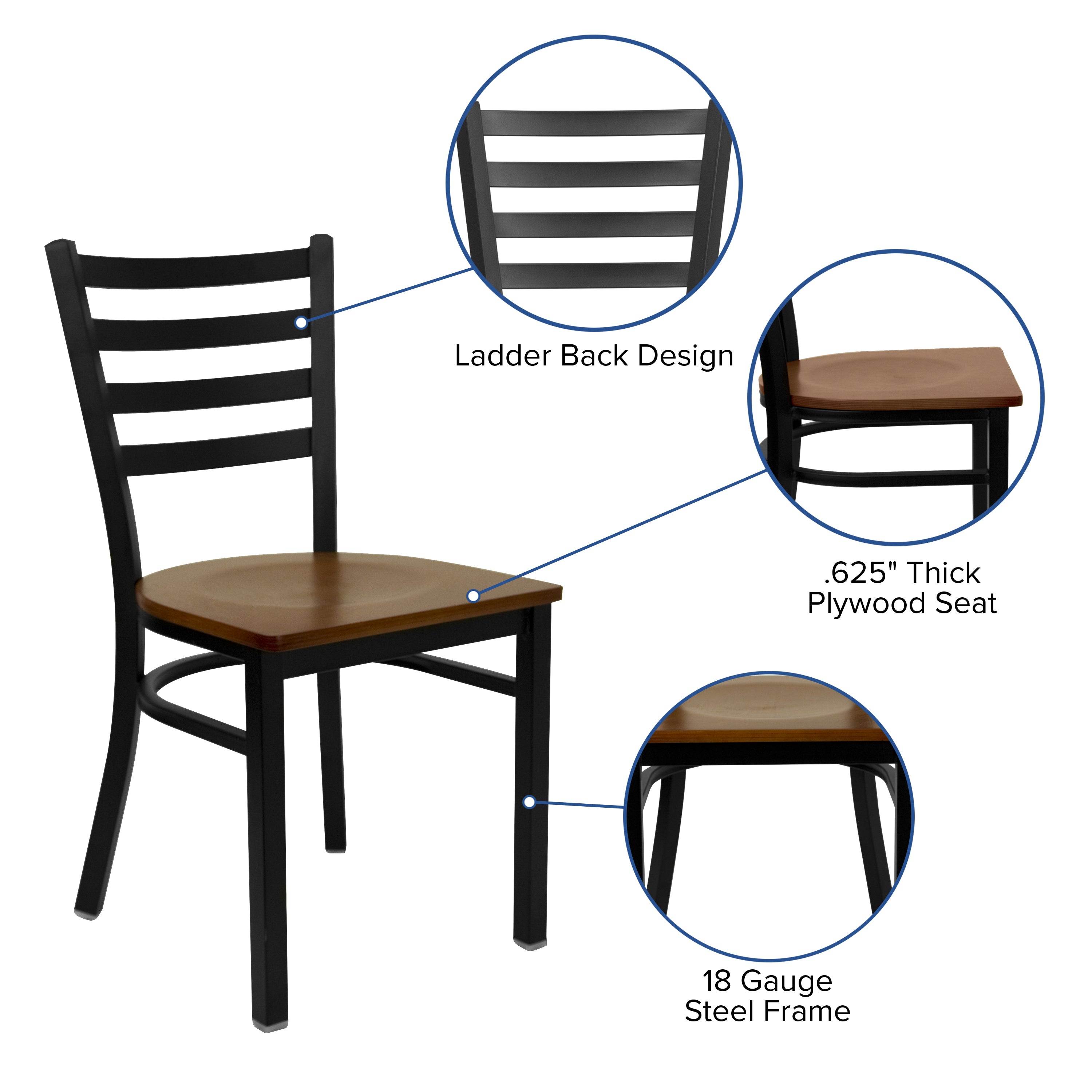 HERCULES Series Black Ladder Back Metal Restaurant Chair - Cherry Wood Seat