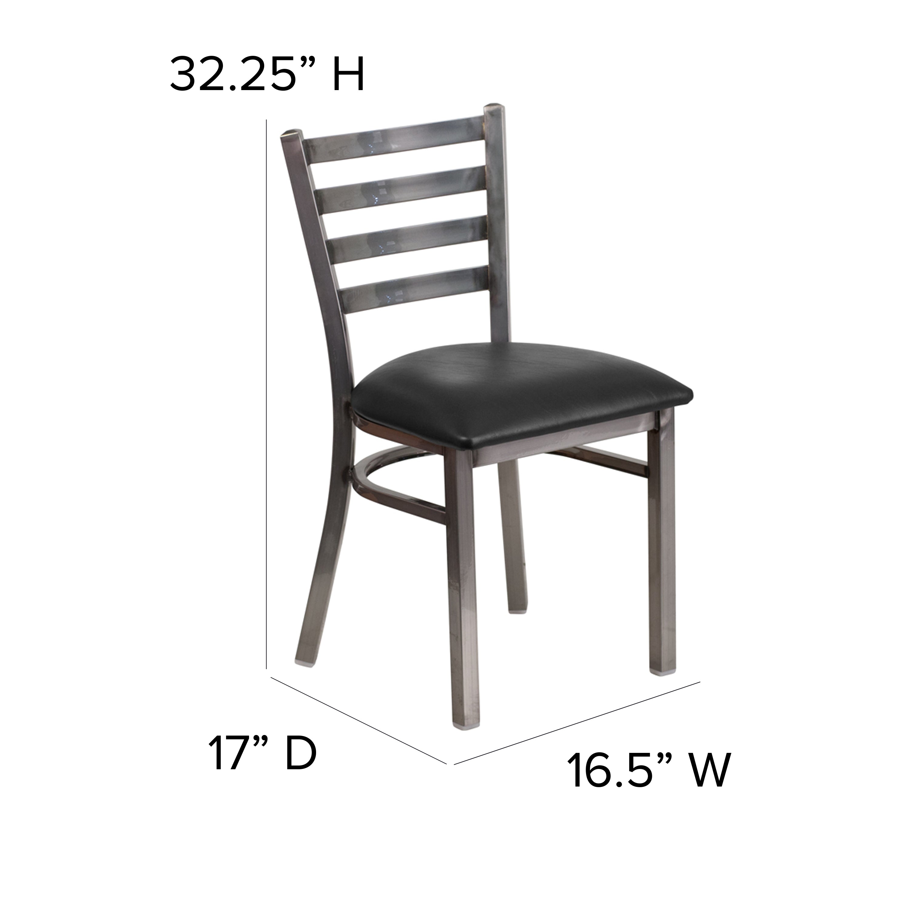 HERCULES Series Silver Antique Finish with Clear Coat Ladder Back Metal Restaurant Chair - Black Vinyl Seat