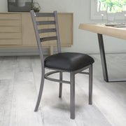 HERCULES Series Silver Antique Finish with Clear Coat Ladder Back Metal Restaurant Chair - Black Vinyl Seat