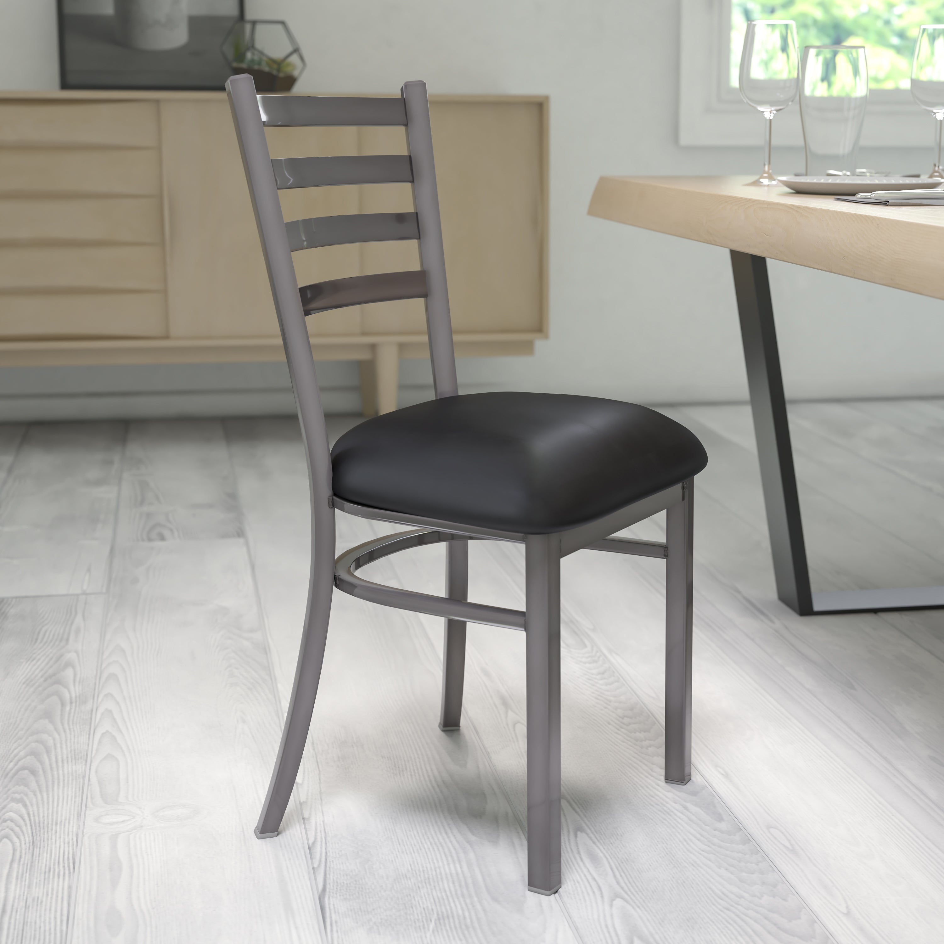 HERCULES Series Silver Antique Finish with Clear Coat Ladder Back Metal Restaurant Chair - Black Vinyl Seat