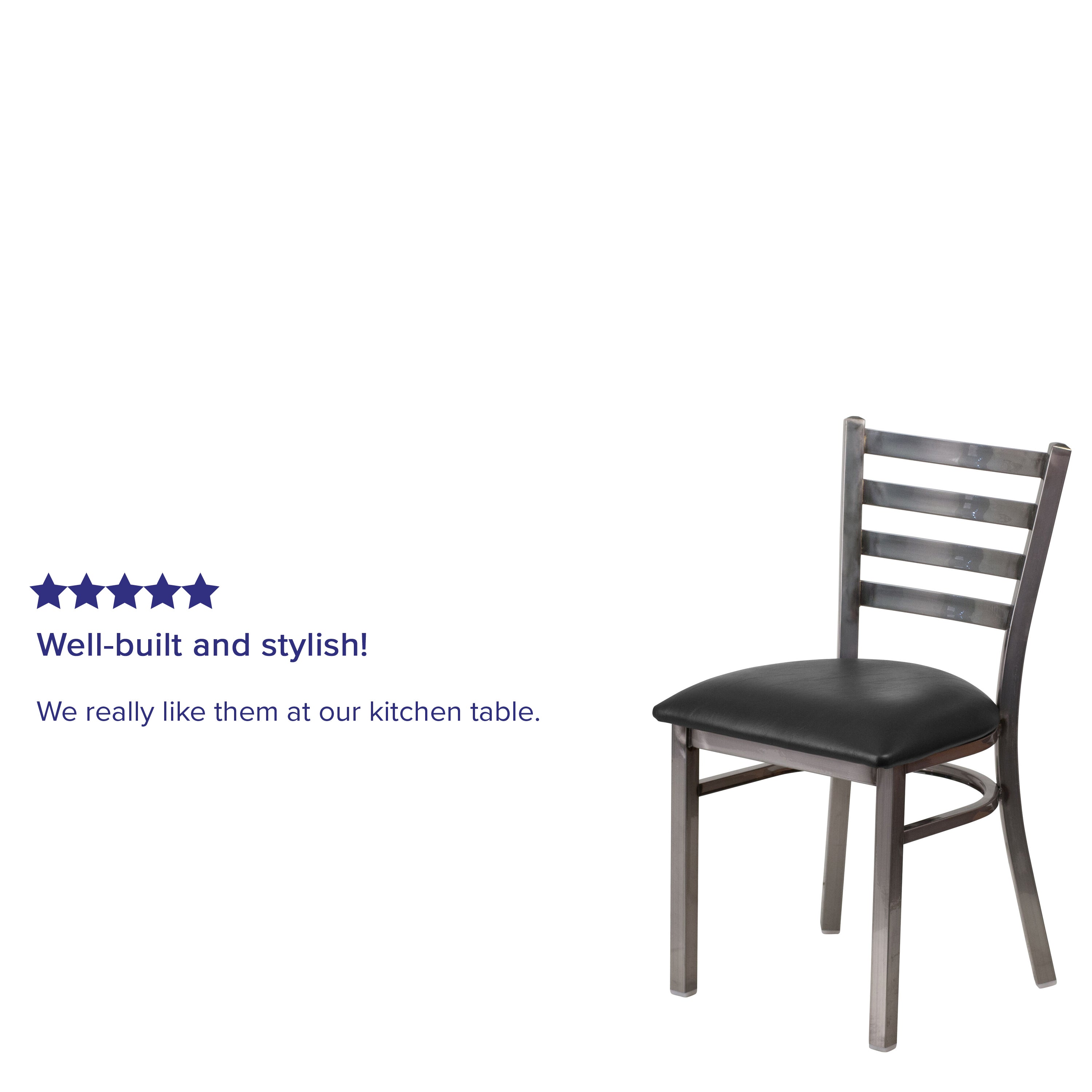 HERCULES Series Silver Antique Finish with Clear Coat Ladder Back Metal Restaurant Chair - Black Vinyl Seat