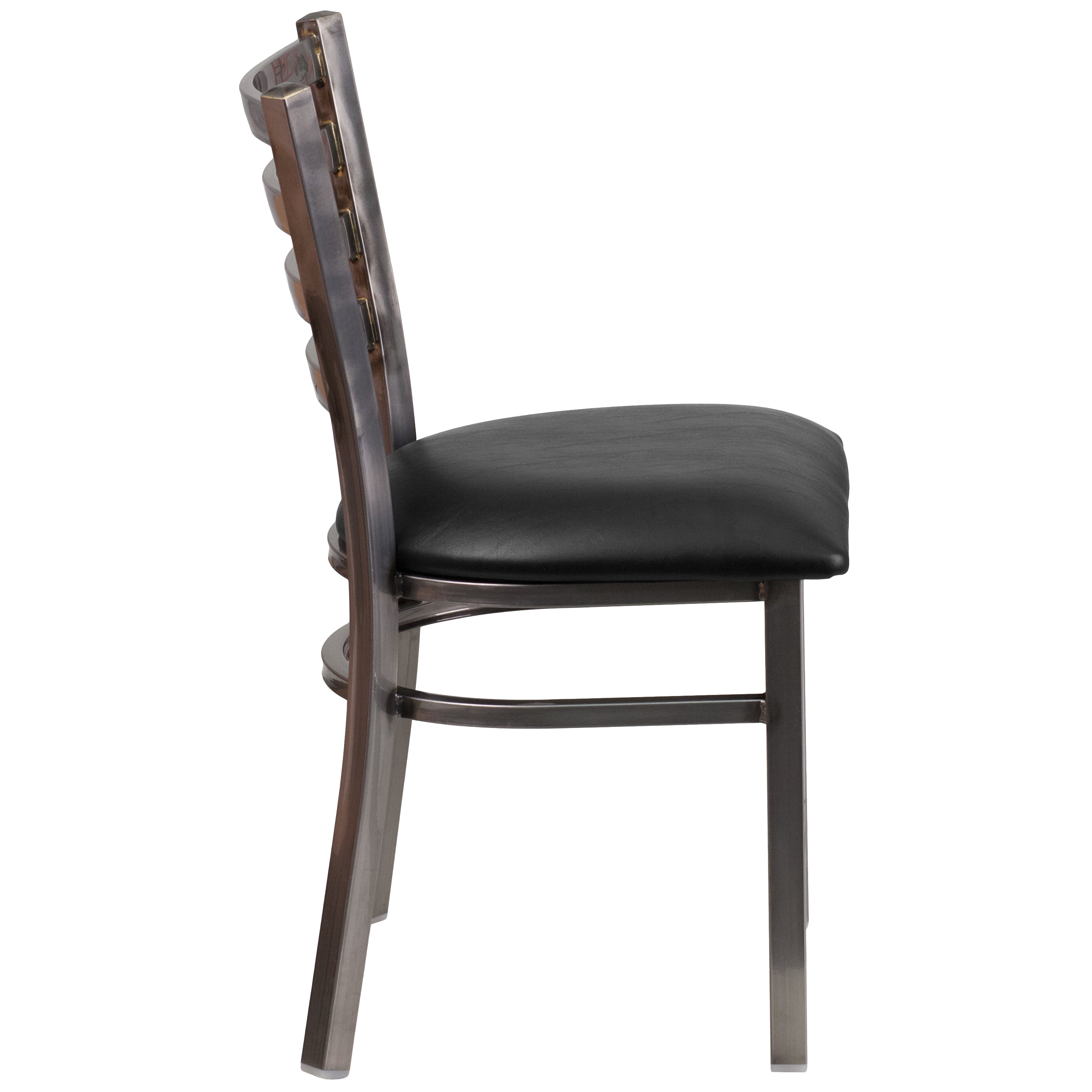 HERCULES Series Silver Antique Finish with Clear Coat Ladder Back Metal Restaurant Chair - Black Vinyl Seat