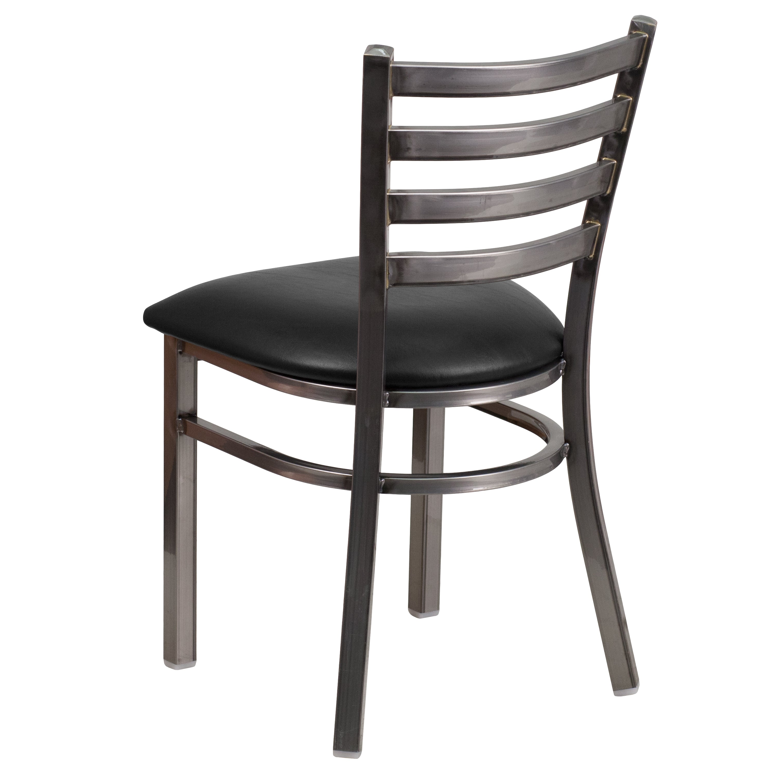 HERCULES Series Silver Antique Finish with Clear Coat Ladder Back Metal Restaurant Chair - Black Vinyl Seat