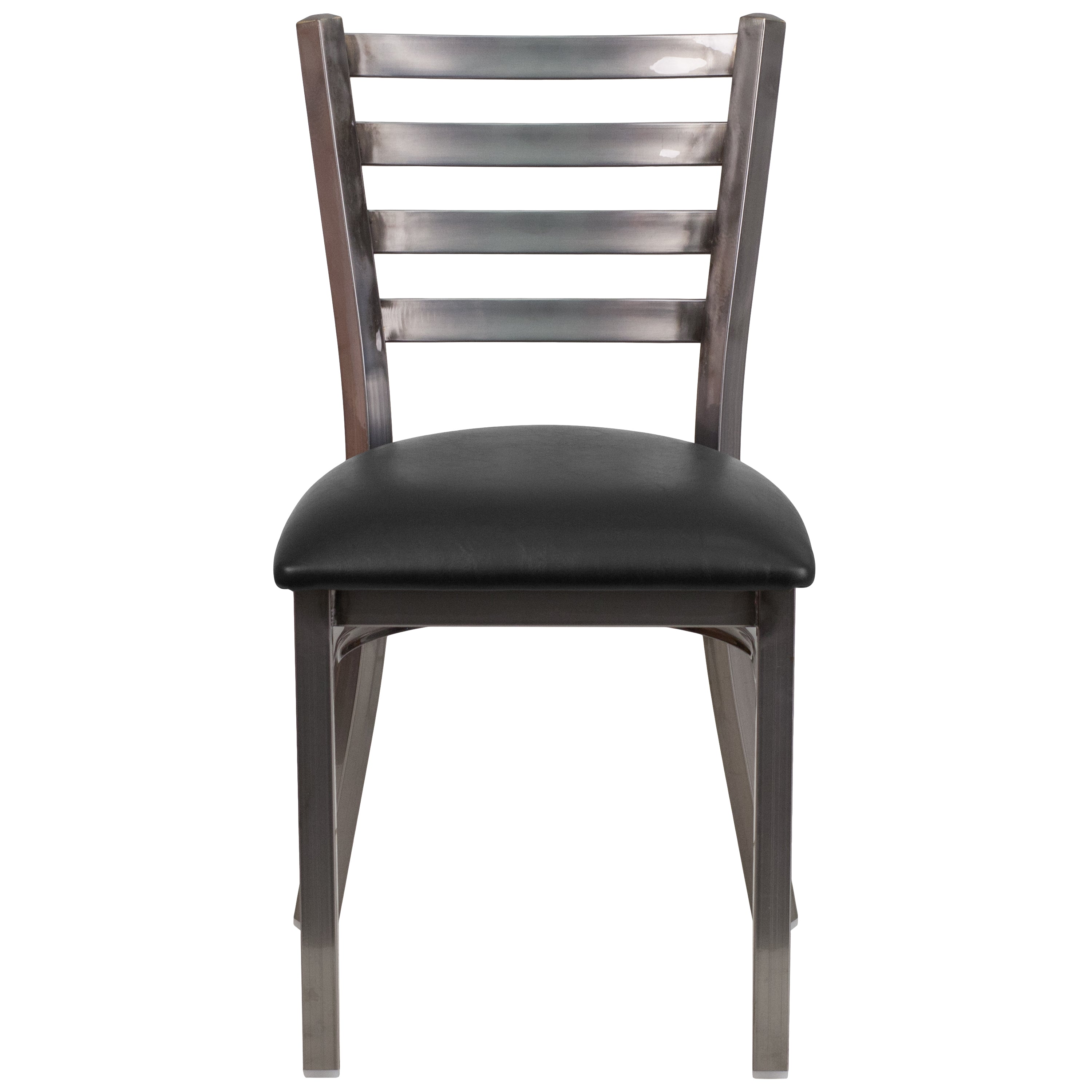 HERCULES Series Silver Antique Finish with Clear Coat Ladder Back Metal Restaurant Chair - Black Vinyl Seat