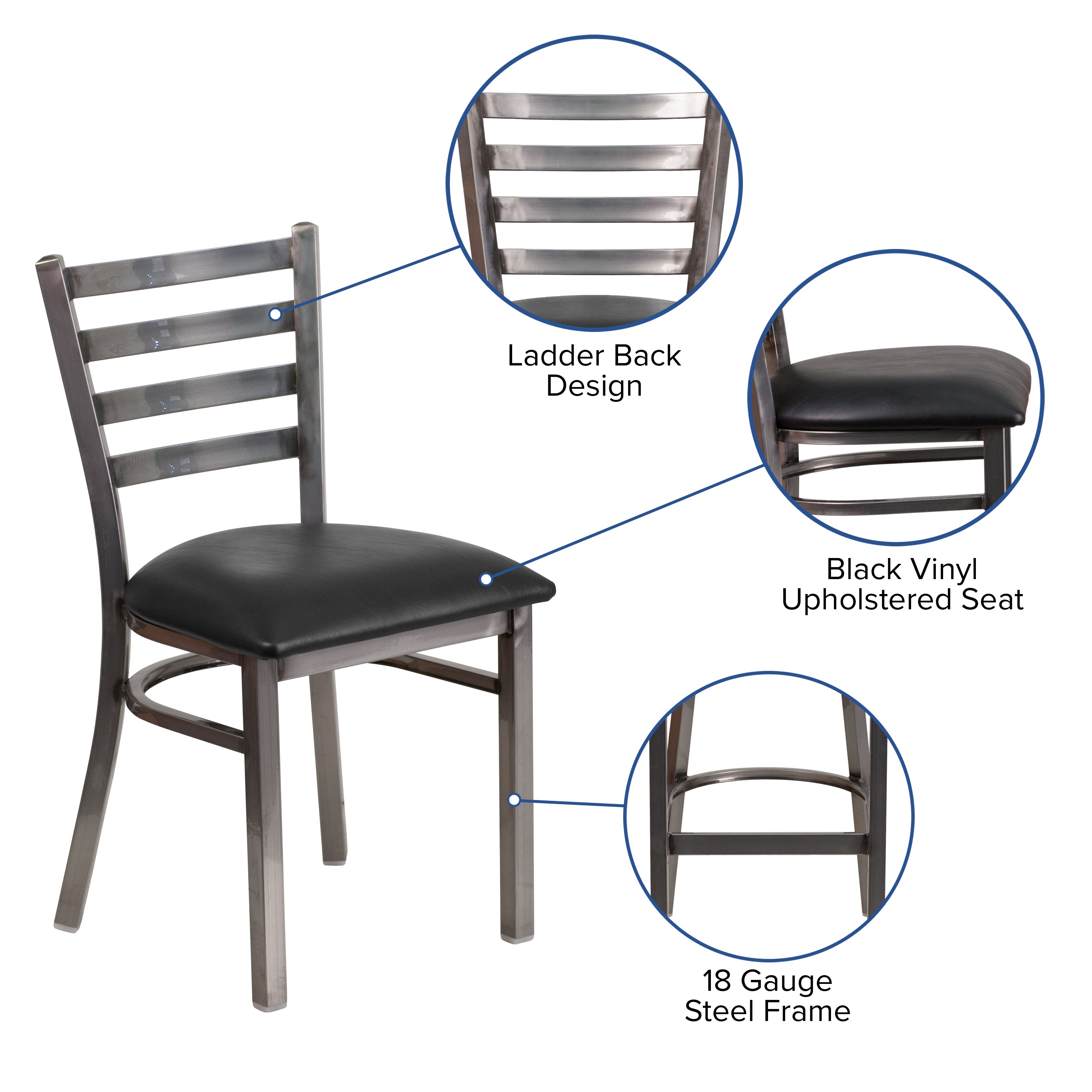HERCULES Series Silver Antique Finish with Clear Coat Ladder Back Metal Restaurant Chair - Black Vinyl Seat