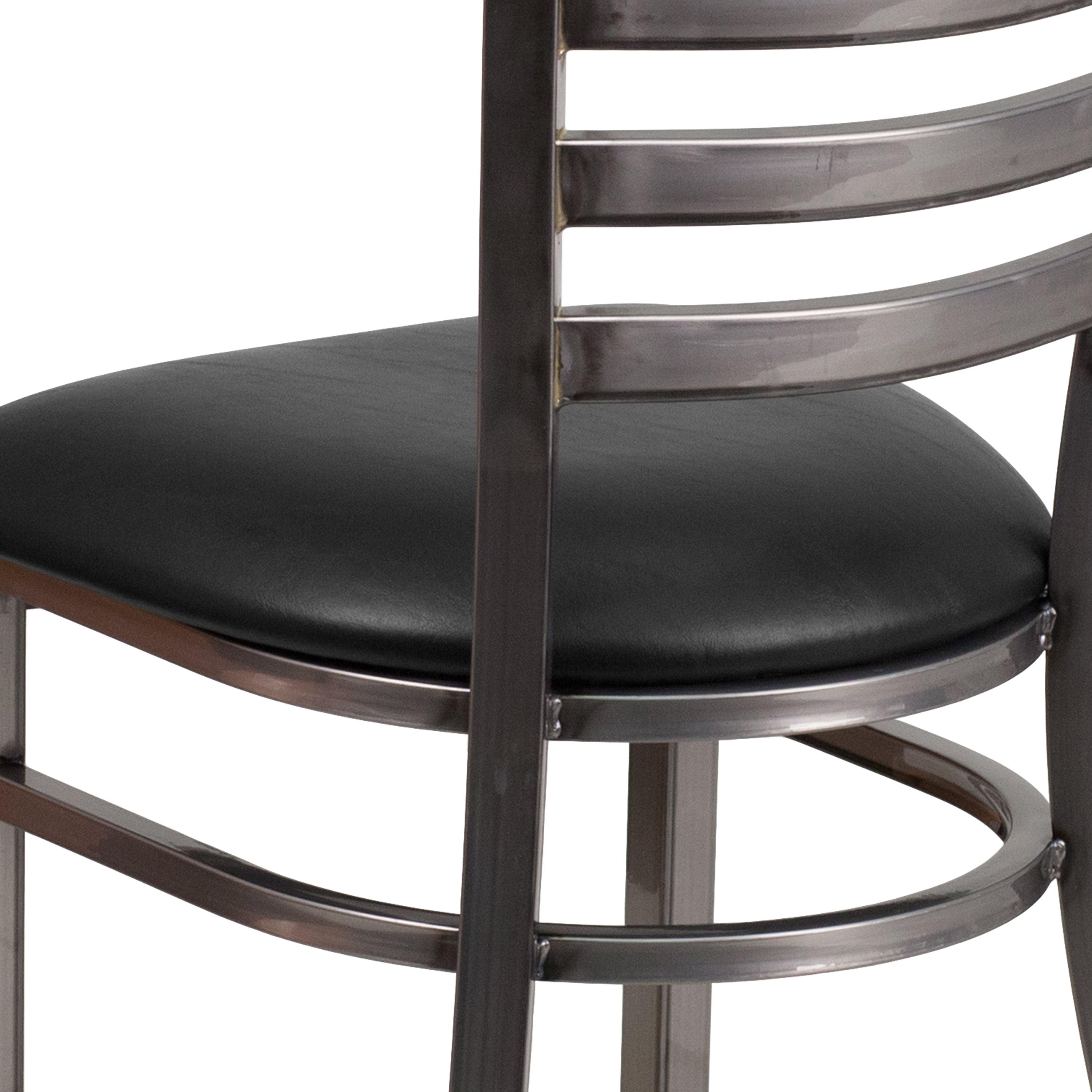 HERCULES Series Silver Antique Finish with Clear Coat Ladder Back Metal Restaurant Chair - Black Vinyl Seat