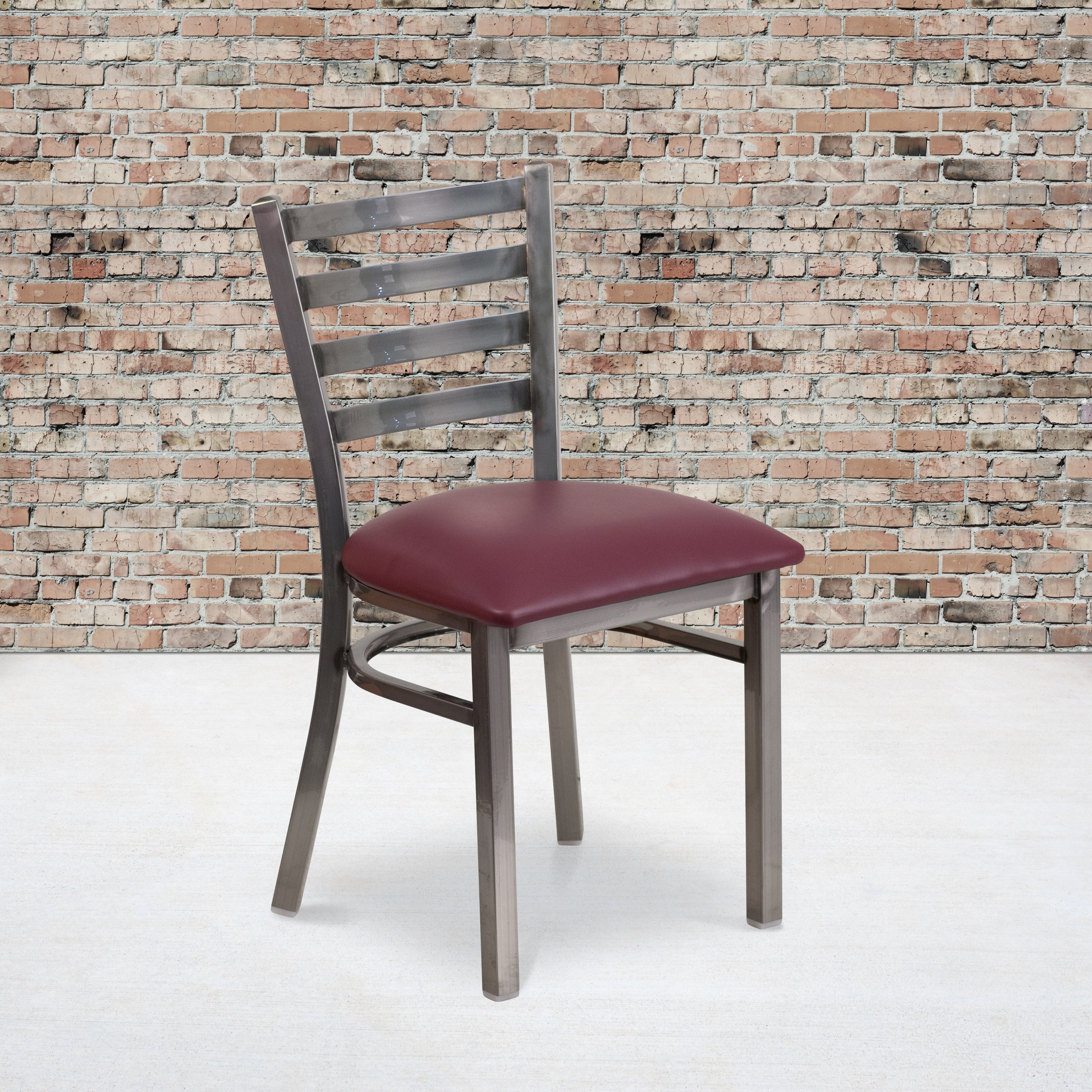 HERCULES Series Silver Antique Finish with Clear Coat Ladder Back Metal Restaurant Chair - Burgundy Vinyl Seat