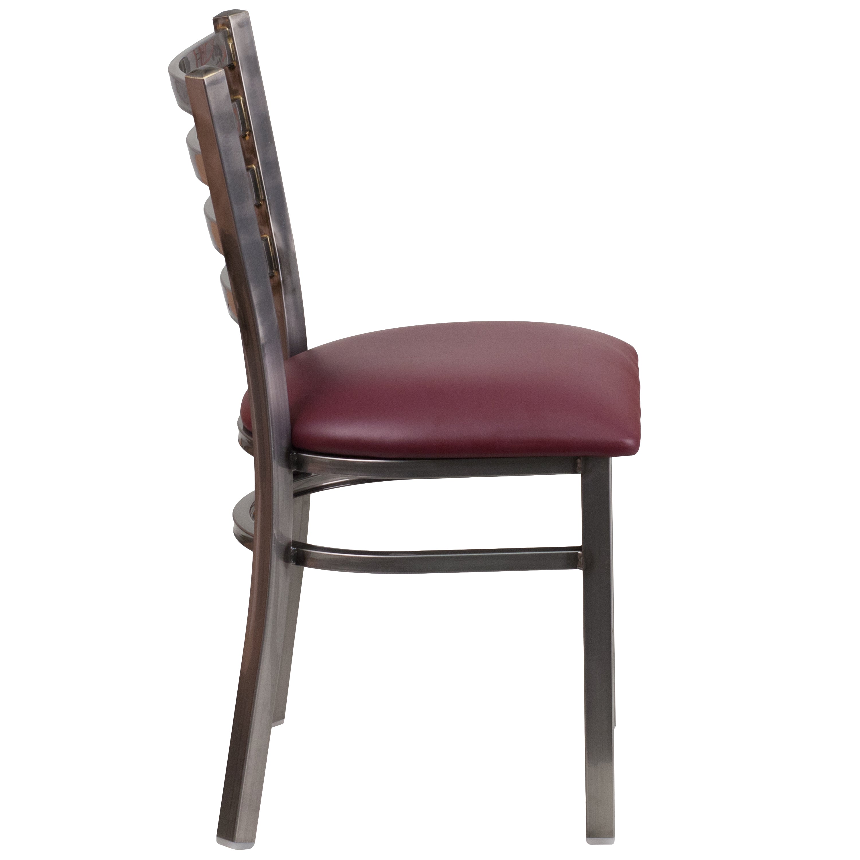 HERCULES Series Silver Antique Finish with Clear Coat Ladder Back Metal Restaurant Chair - Burgundy Vinyl Seat