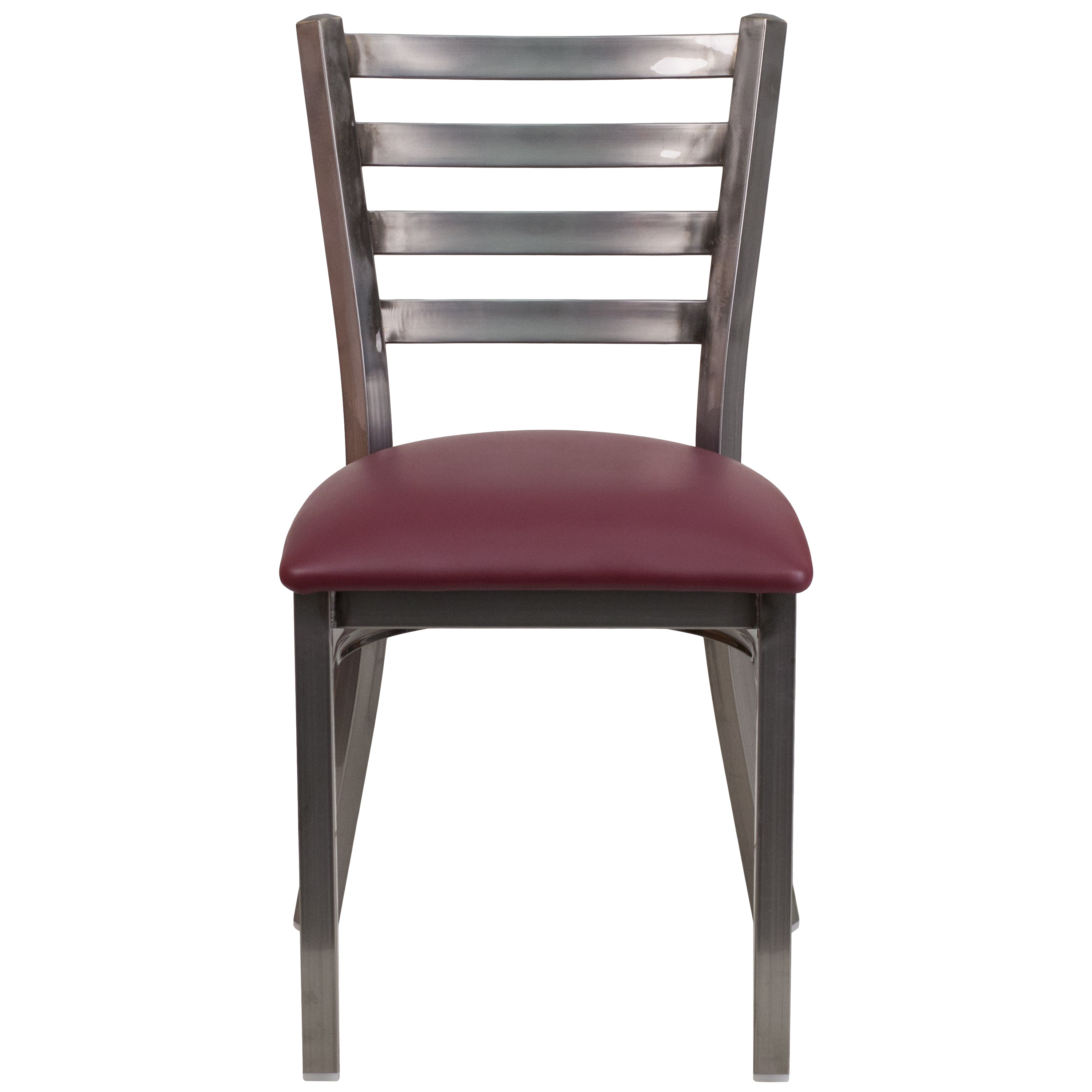 HERCULES Series Silver Antique Finish with Clear Coat Ladder Back Metal Restaurant Chair - Burgundy Vinyl Seat