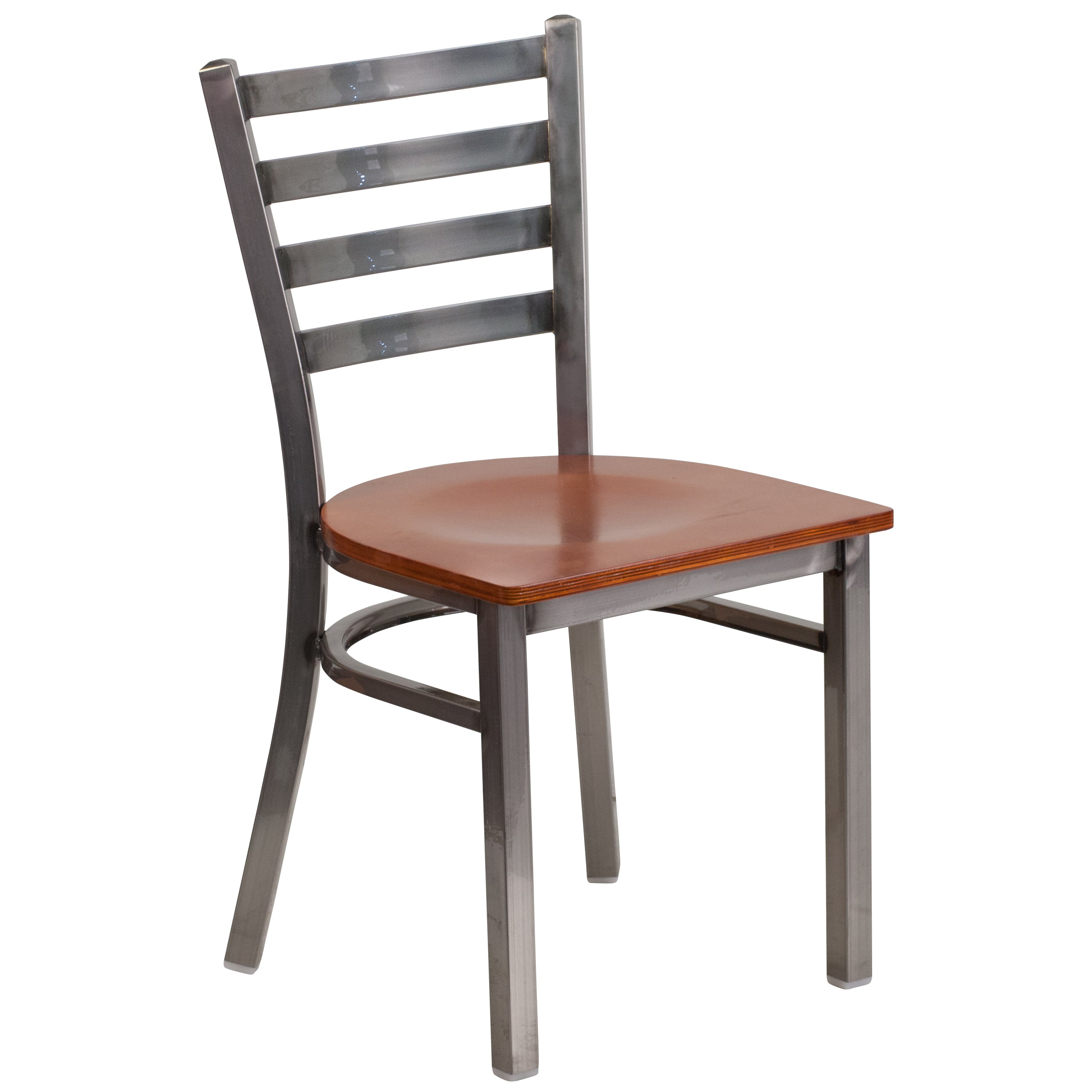 HERCULES Series Silver Antique Finish with Clear Coat Ladder Back Metal Restaurant Chair - Cherry Wood Seat