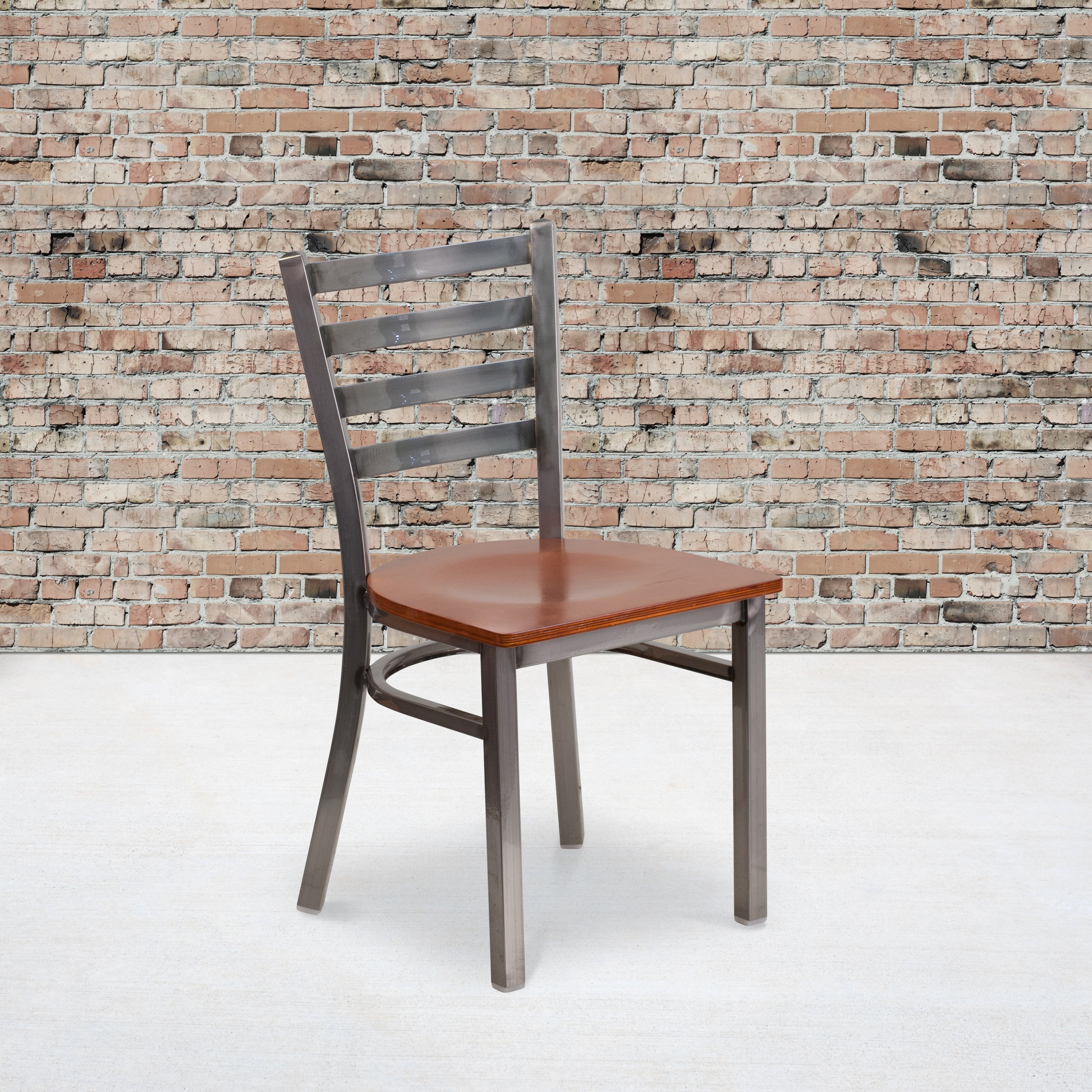 HERCULES Series Silver Antique Finish with Clear Coat Ladder Back Metal Restaurant Chair - Cherry Wood Seat