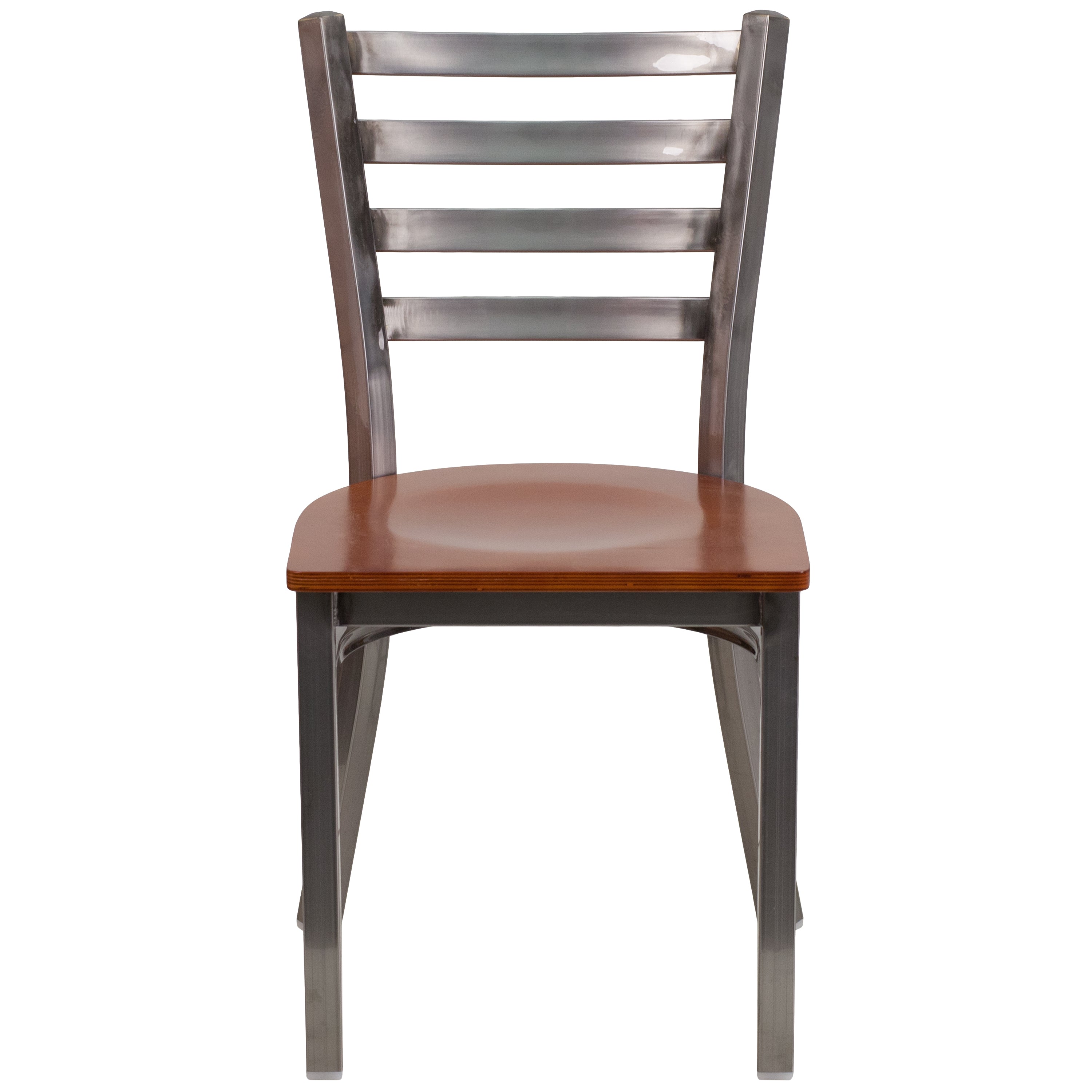 HERCULES Series Silver Antique Finish with Clear Coat Ladder Back Metal Restaurant Chair - Cherry Wood Seat