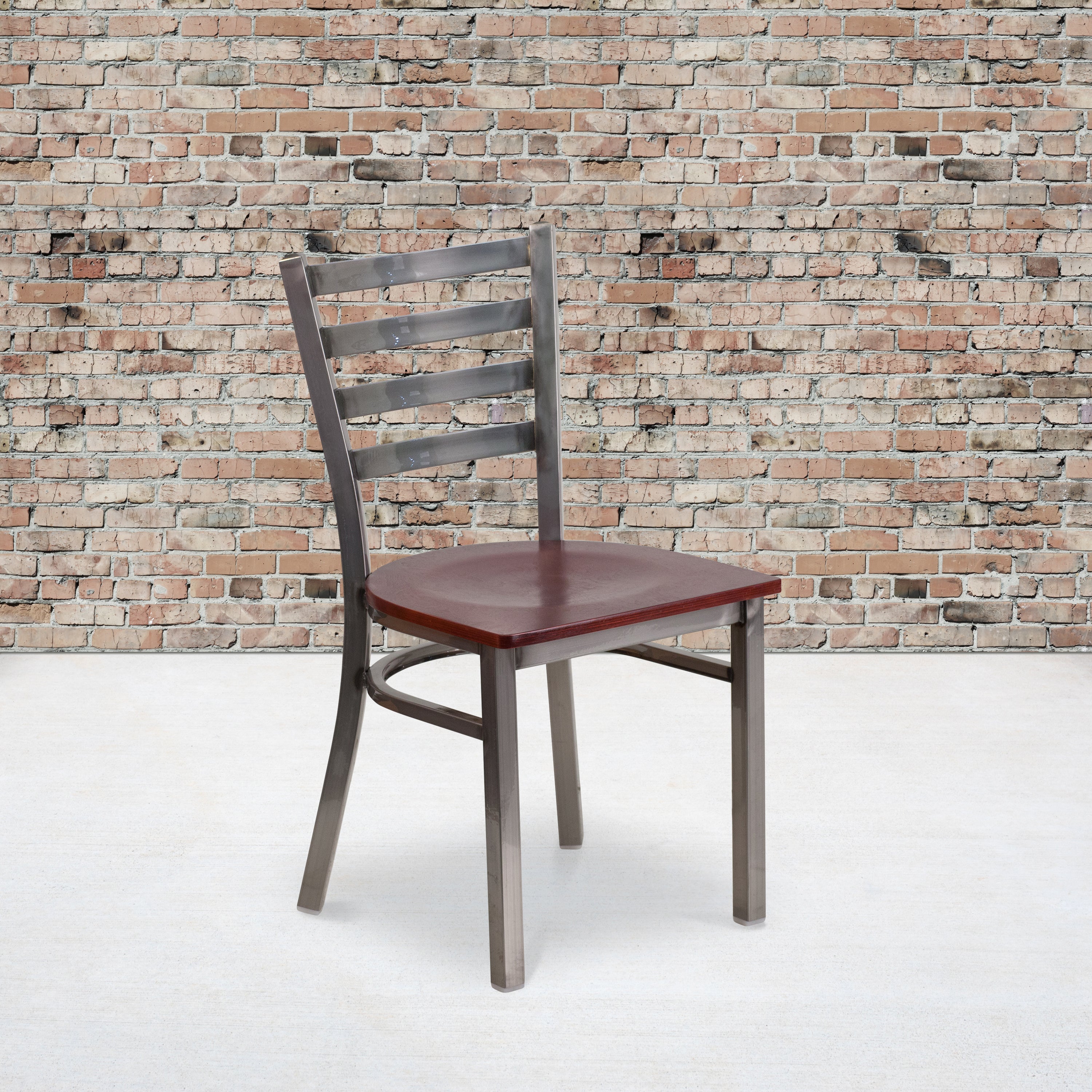HERCULES Series Silver Antique Finish with Clear Coat Ladder Back Metal Restaurant Chair - Mahogany Wood Seat