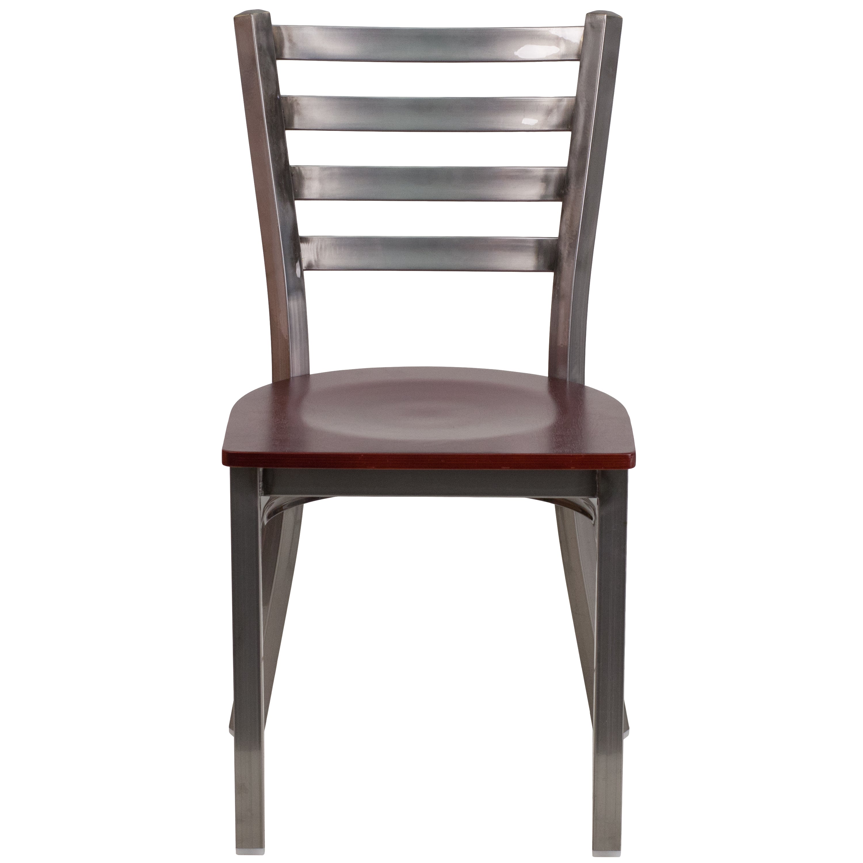 HERCULES Series Silver Antique Finish with Clear Coat Ladder Back Metal Restaurant Chair - Mahogany Wood Seat