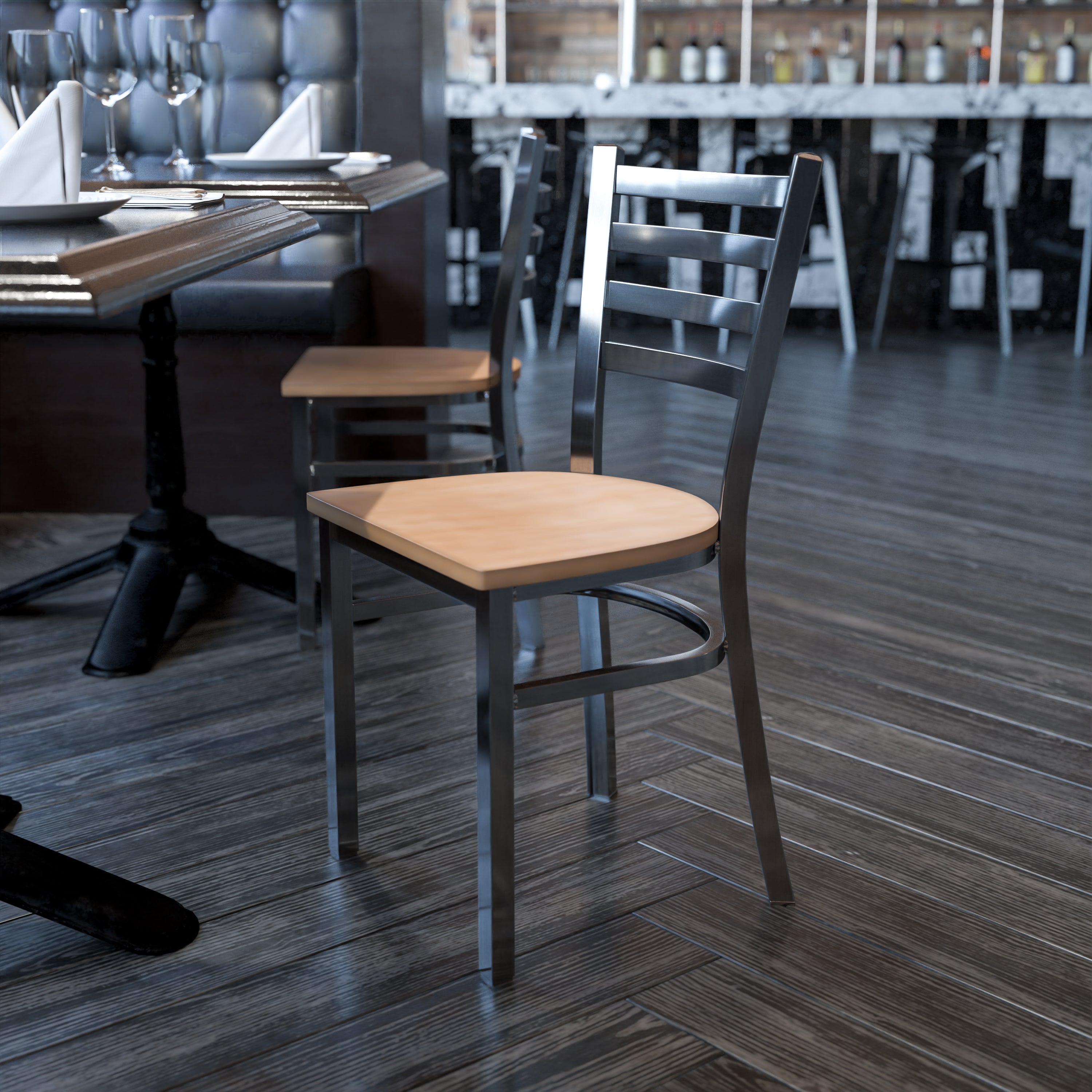 HERCULES Series Silver Antique Finish with Clear Coat Ladder Back Metal Restaurant Chair - Natural Wood Seat