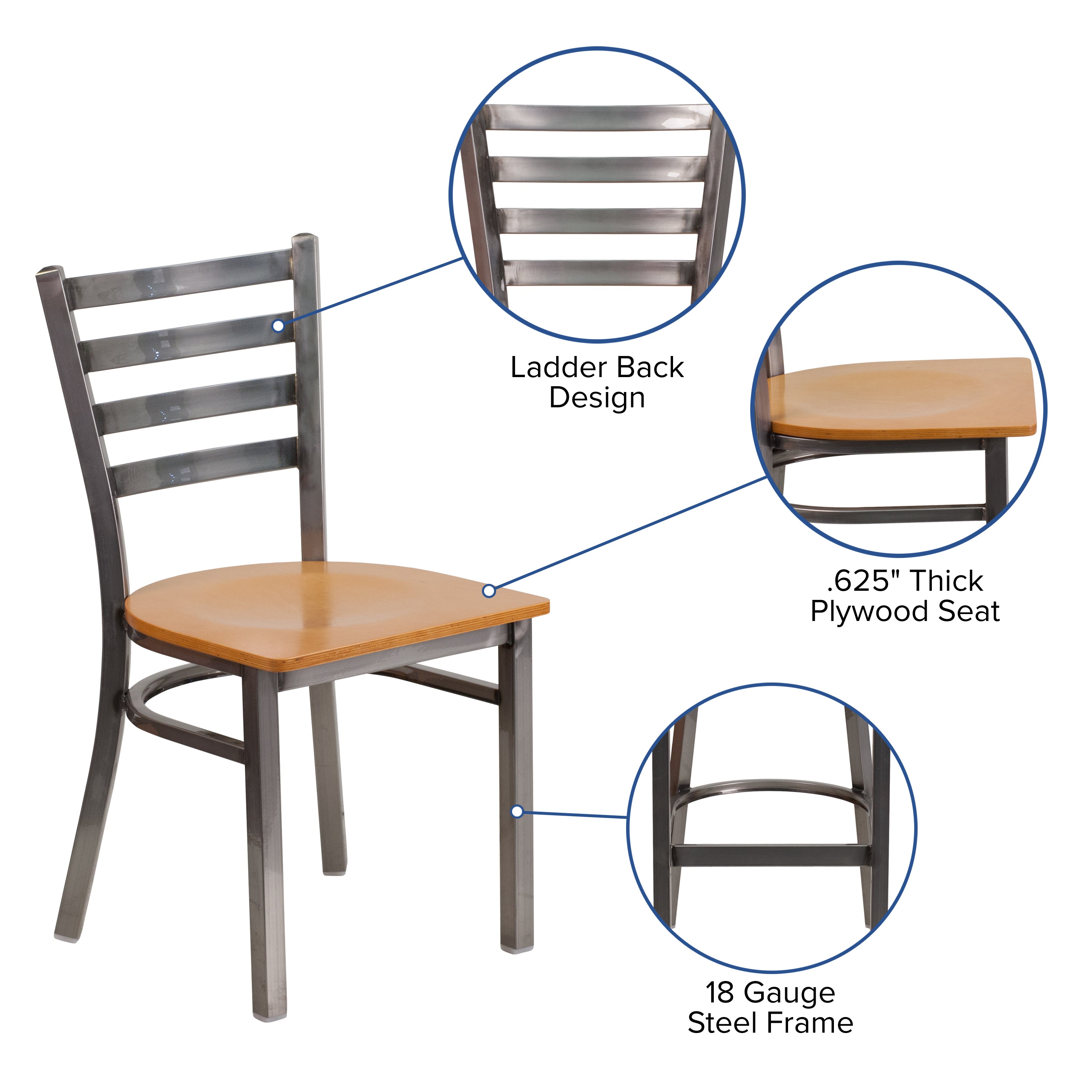 HERCULES Series Silver Antique Finish with Clear Coat Ladder Back Metal Restaurant Chair - Natural Wood Seat