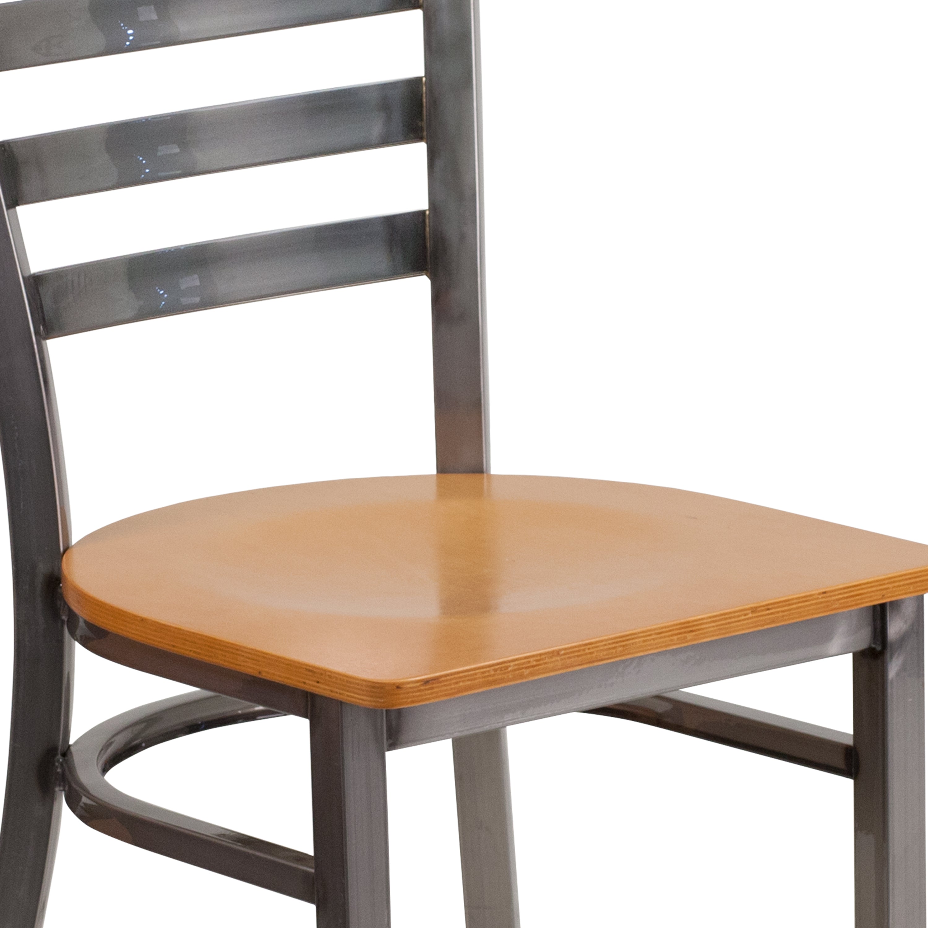 HERCULES Series Silver Antique Finish with Clear Coat Ladder Back Metal Restaurant Chair - Natural Wood Seat