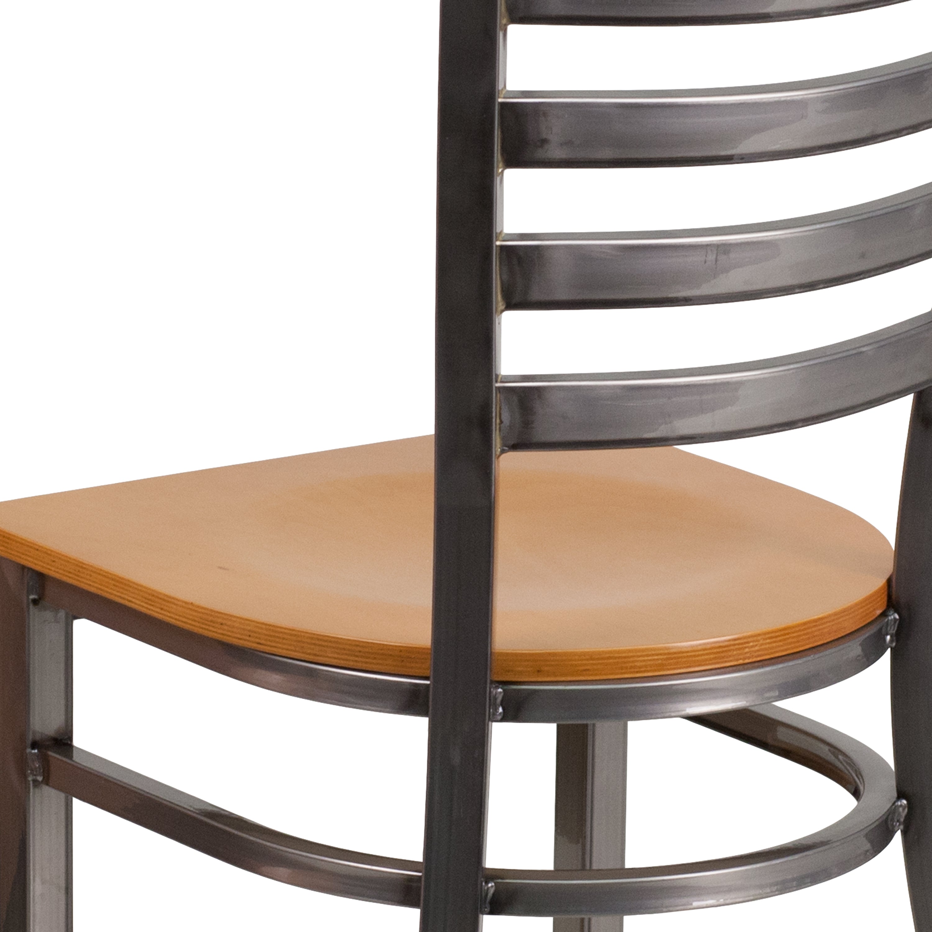 HERCULES Series Silver Antique Finish with Clear Coat Ladder Back Metal Restaurant Chair - Natural Wood Seat