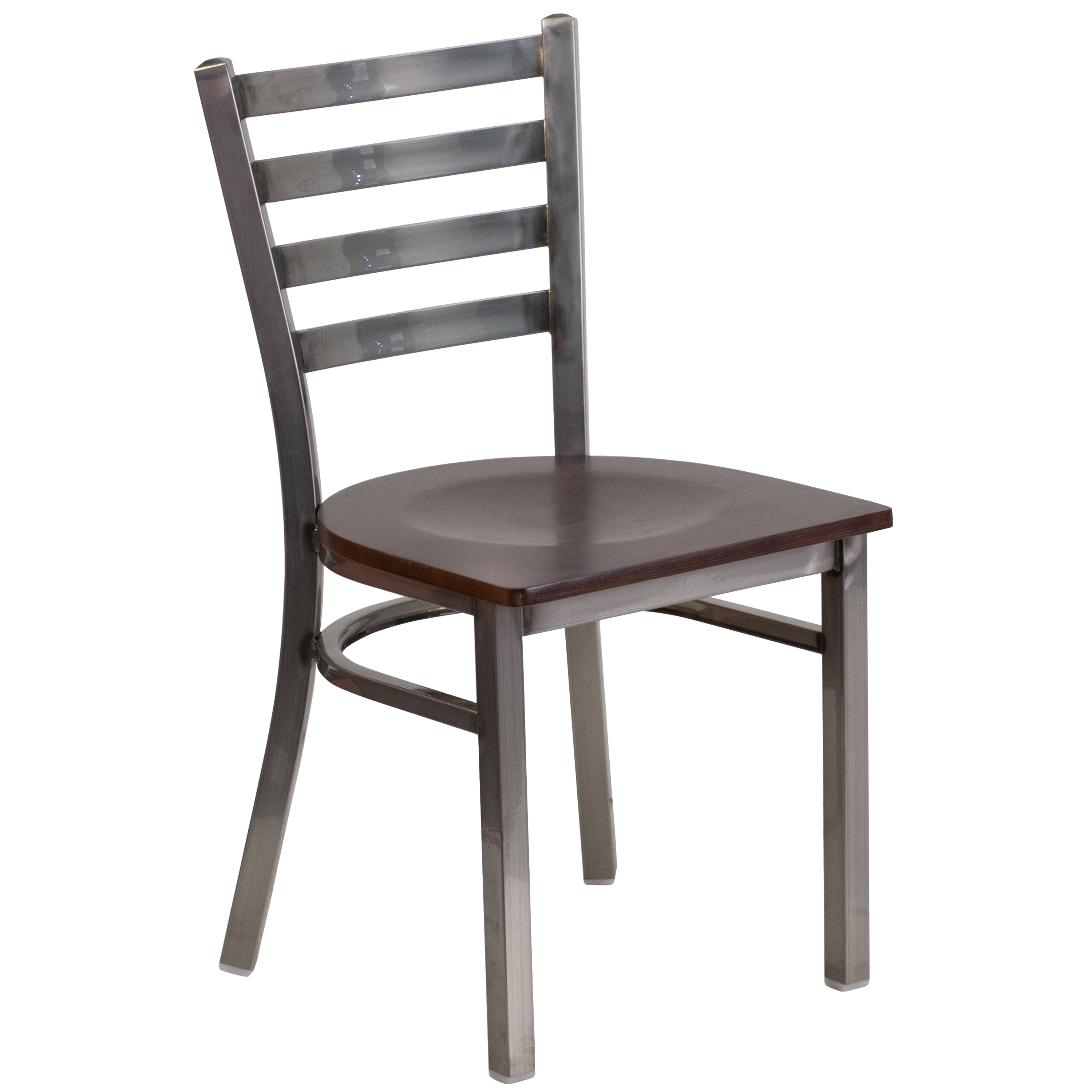 HERCULES Series Silver Antique Finish with Clear Coat Ladder Back Metal Restaurant Chair - Walnut Wood Seat